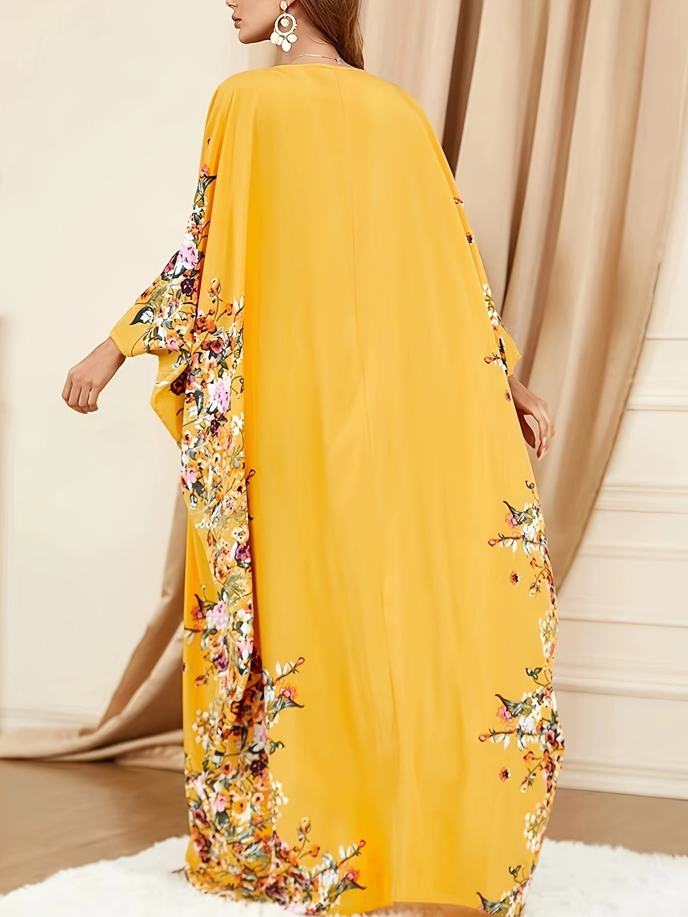 Floral Print Crew Neck Kaftan, Elegant Batwing Sleeve'/MH