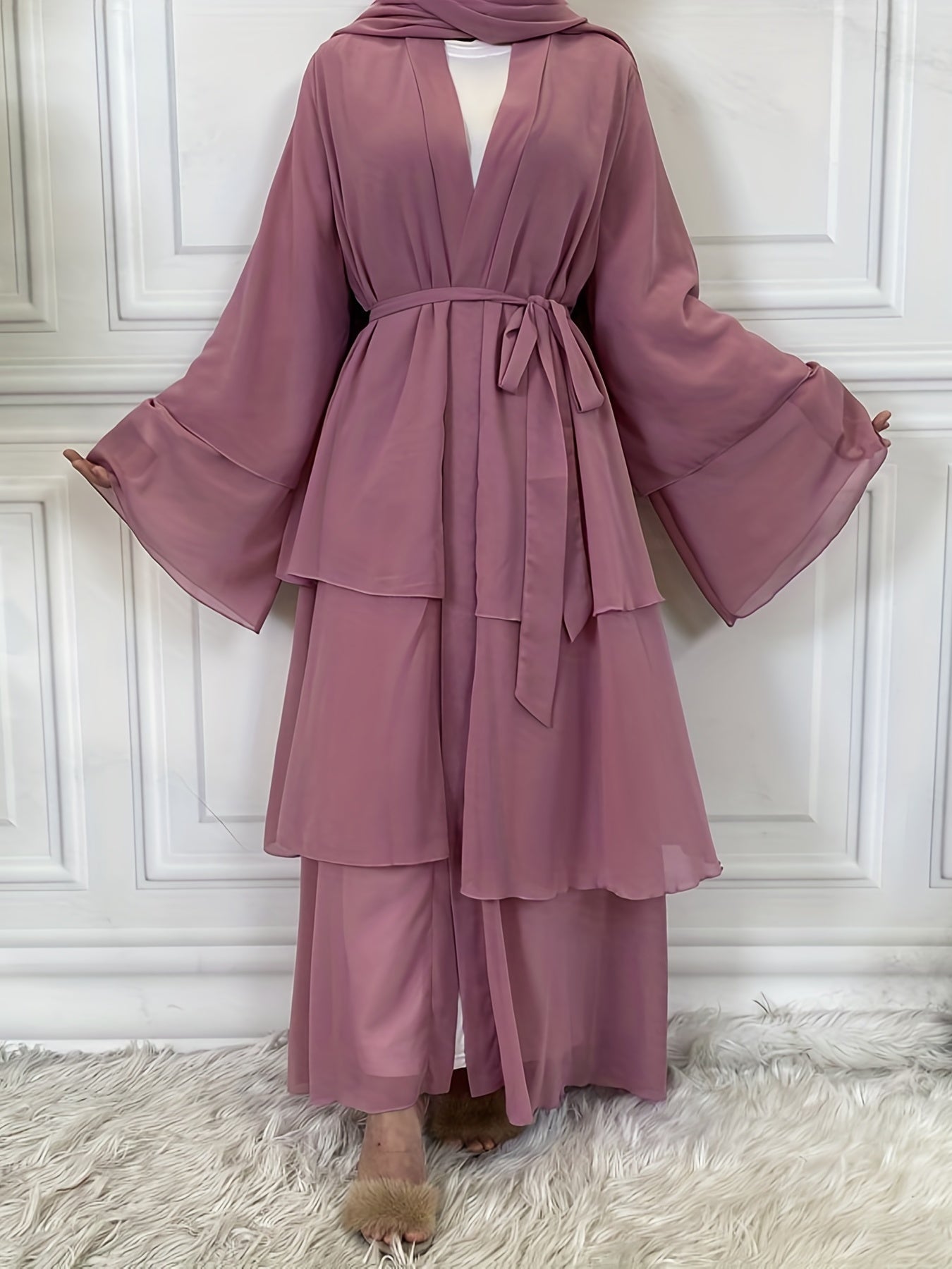 Layered Open Front Modest Dress, Long Sleeve Muslim Dress'/MH