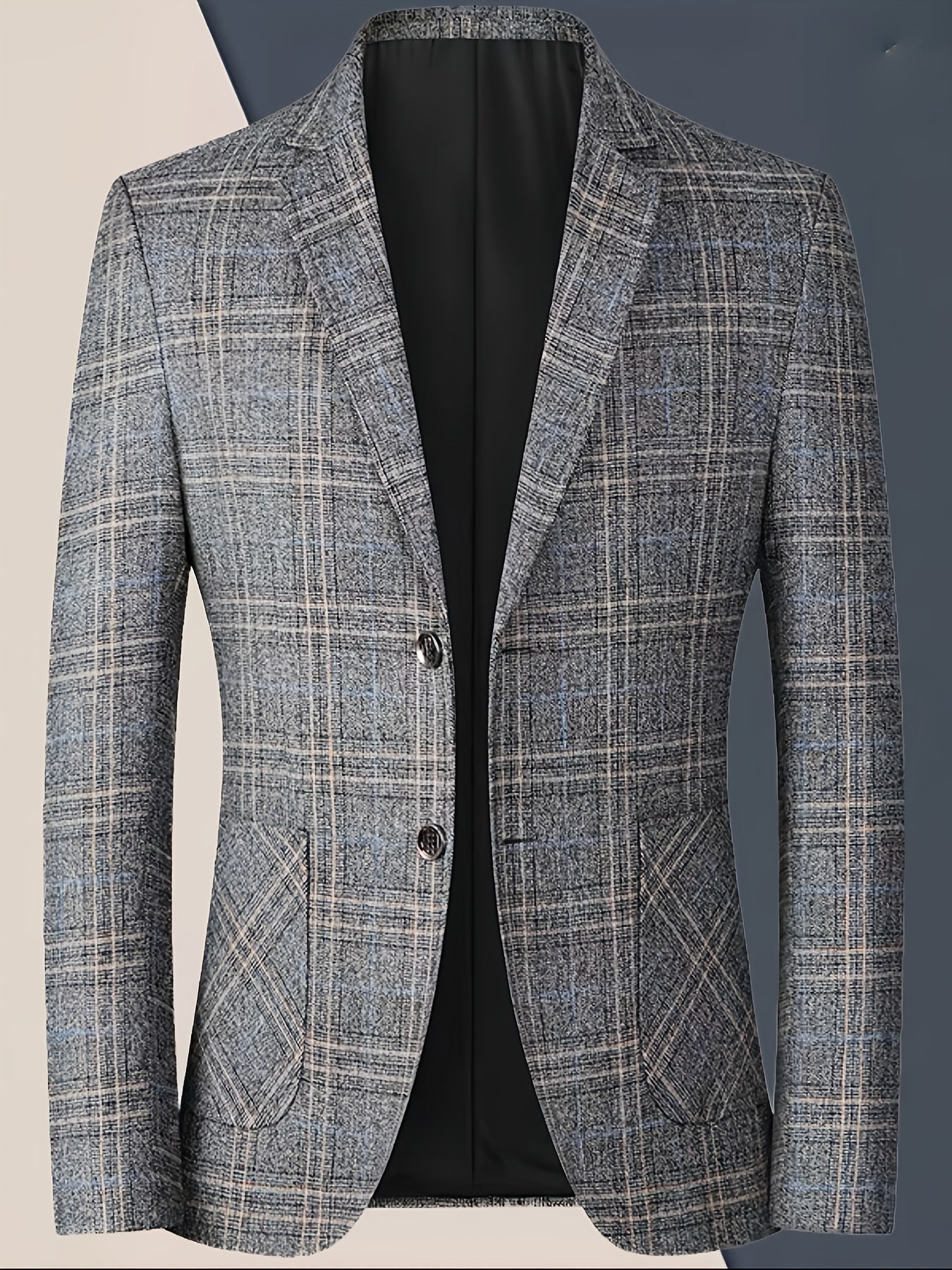 Men'S Checked Pattern Blazer with Pockets - Formal Two-Button Lapel,