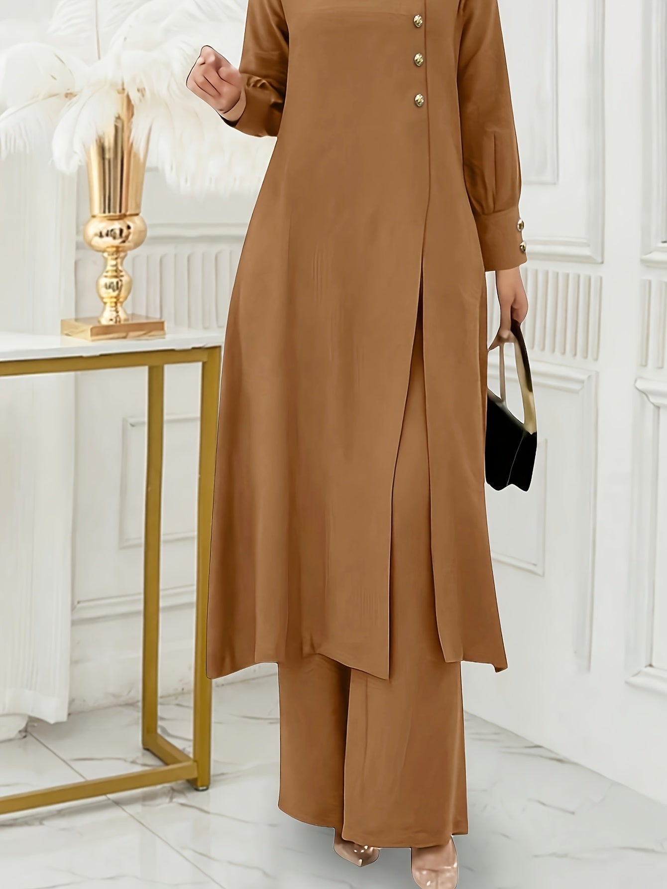 Solid Color Button Design Long Sleeve Top and Pants Set, Arabic Style,/MH