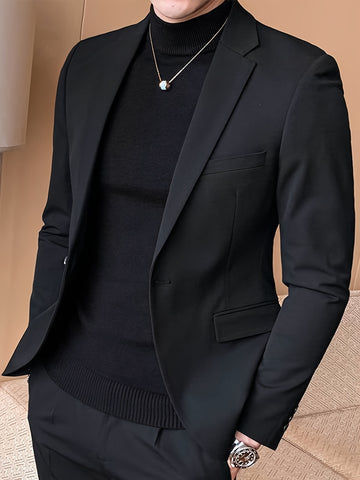 Men's Solid One-Button Blazer Jacket, Fashion Tailored Fit Suit .