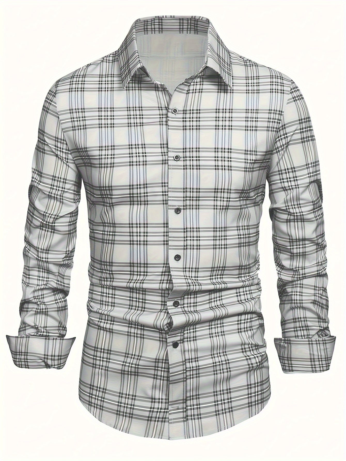 Classic Plaid Pattern Print Men's Lapel Collar Design Dress Shirts,