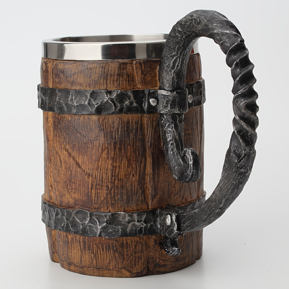 1pc Antique Viking Beer Mug - Wooden Barrel Cup with Stainless Steel Liner - Perfect Gift for Beer Lovers