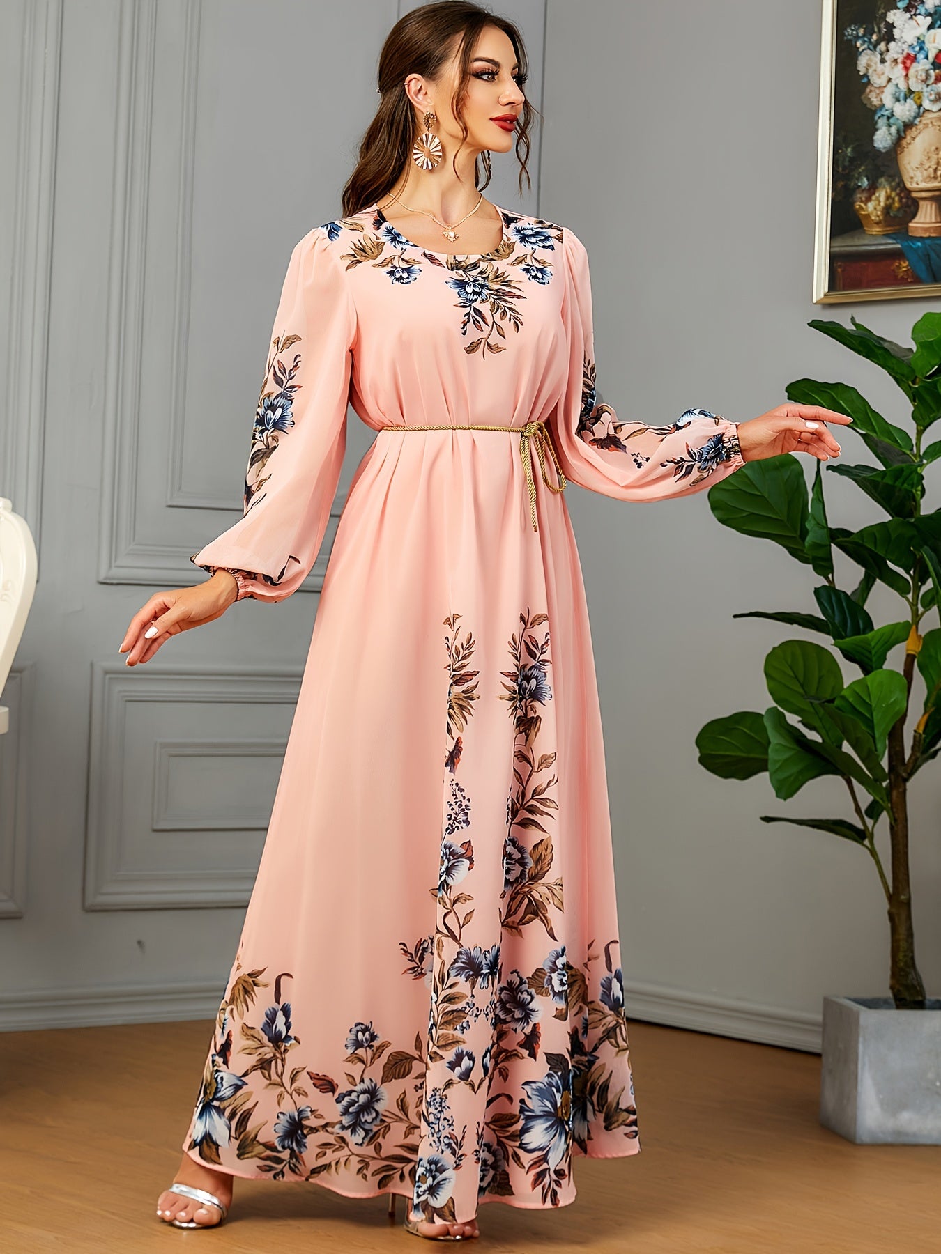 Floral Print Long Sleeve Kaftan Dress, women fashion'/MH