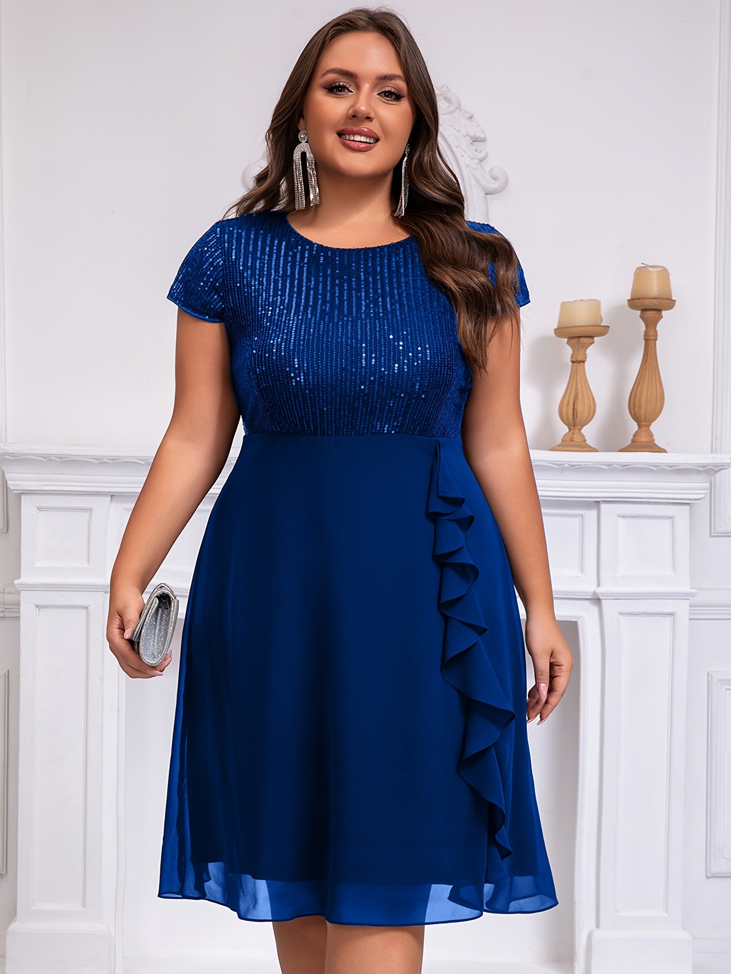 Women'S Plus-Size Chiffon Dress with Sequin Patchwork