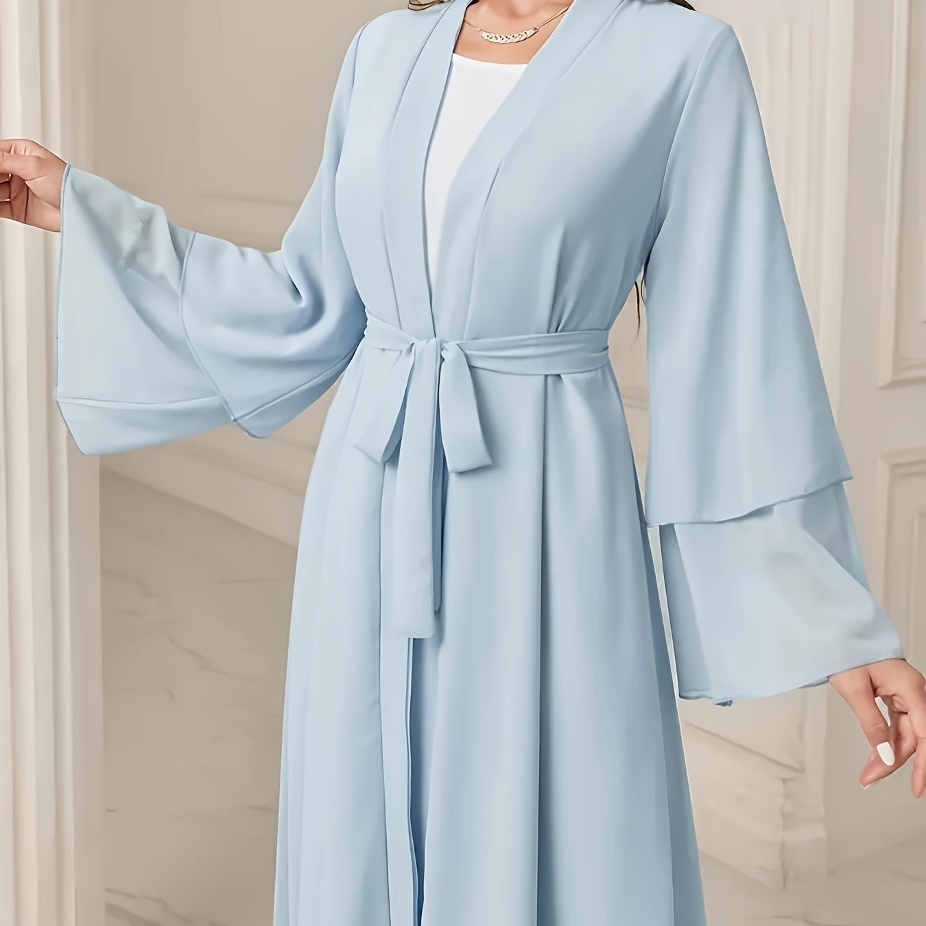 Solid Color Tie Waist Modest Dress, Elegant Layered Hem Maxi '/MH