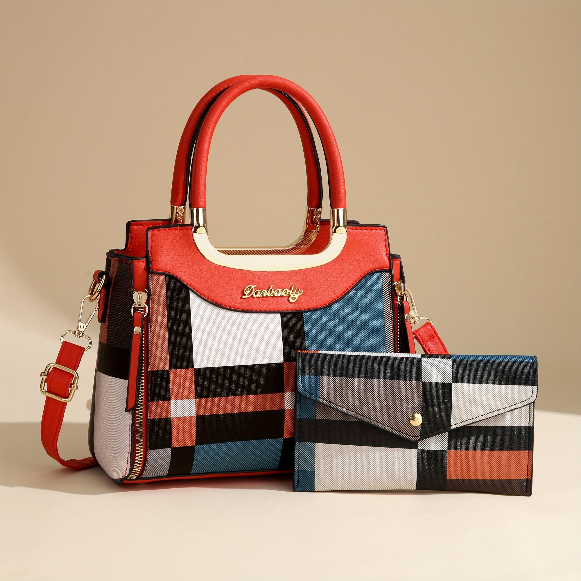 CHROSGEKEIDI Elegant Plaid Tote and Crossbody Bag Set,