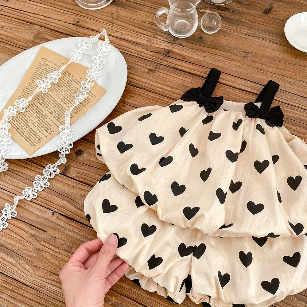 Baby Cotton Sleeveless Bowknot Decor Cami Top+Apricot Love Print Shorts 2pcs Set For Toddler Girls