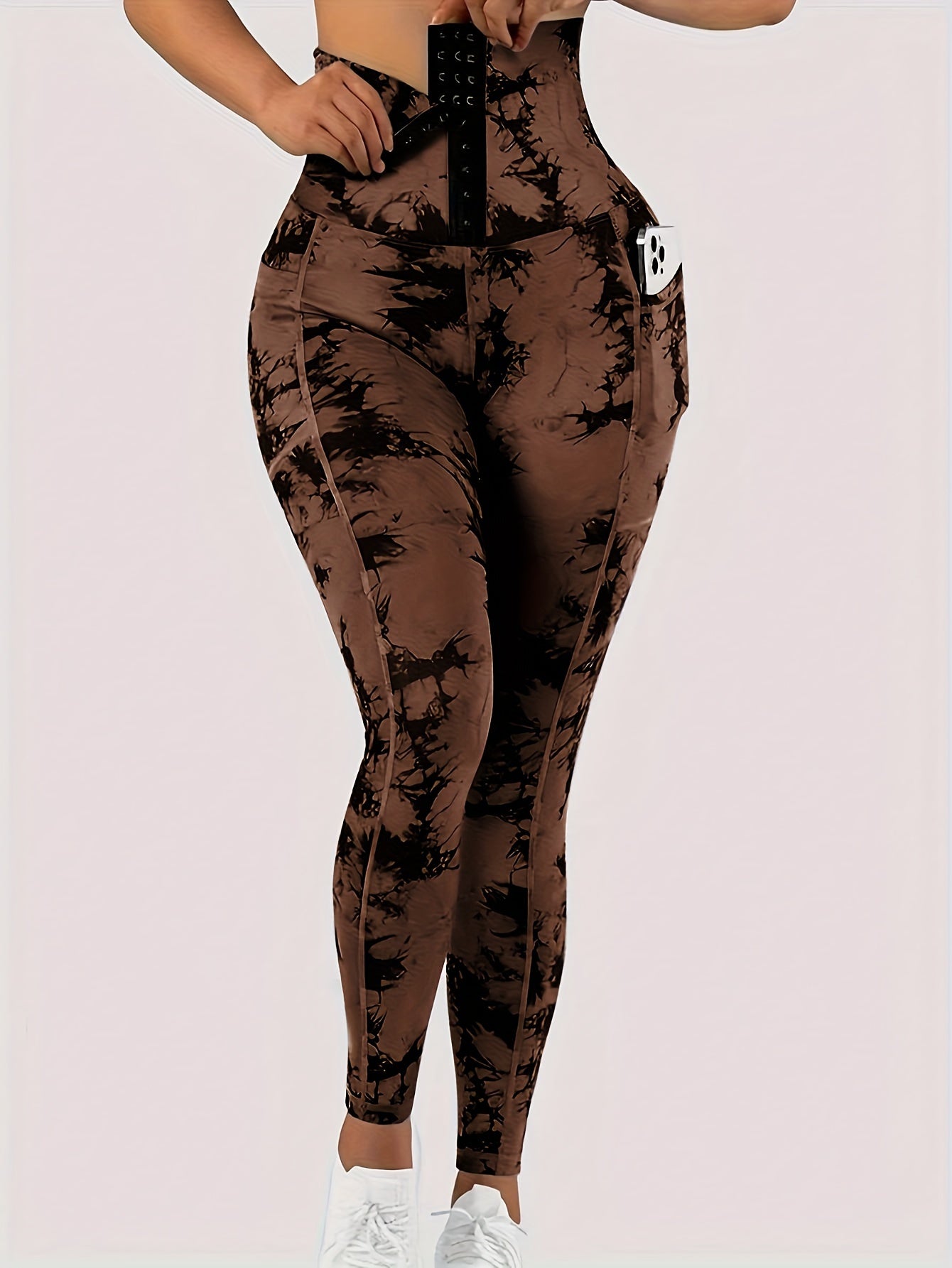 Women'S High-Waist Tie-Dye Yoga Leggings with Front Button Closure & Pockets .