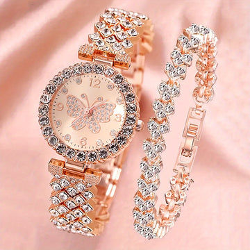 2pcs/set Elegant Butterfly Quartz Watch Luxury Fashion Stainless Steel Band Wrist Watch & Bracelet, Gifts For Women Her