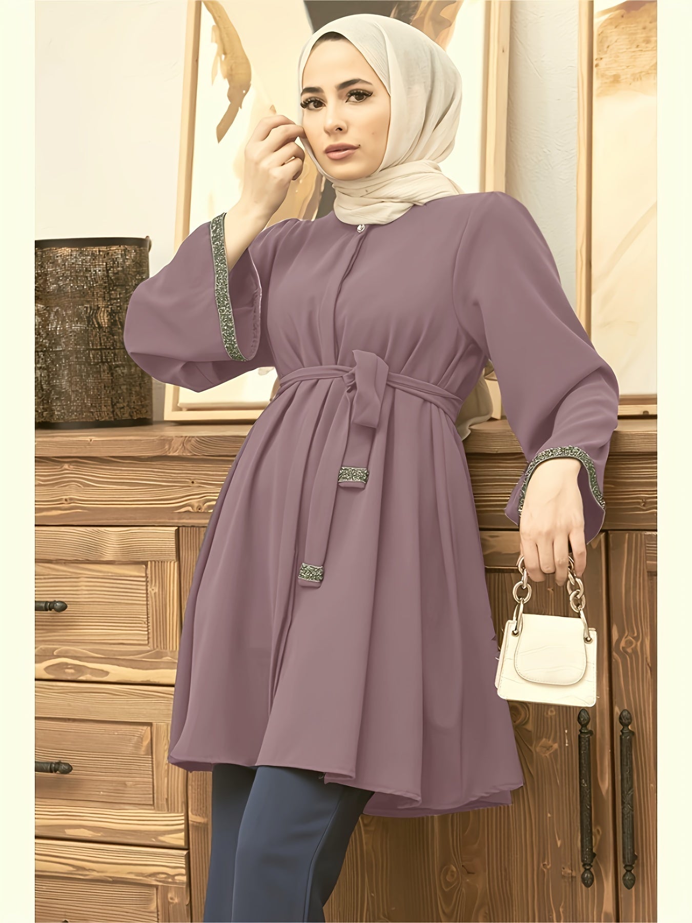 Contrast Trim Belted Button Front Kaftan Shirt, /MH