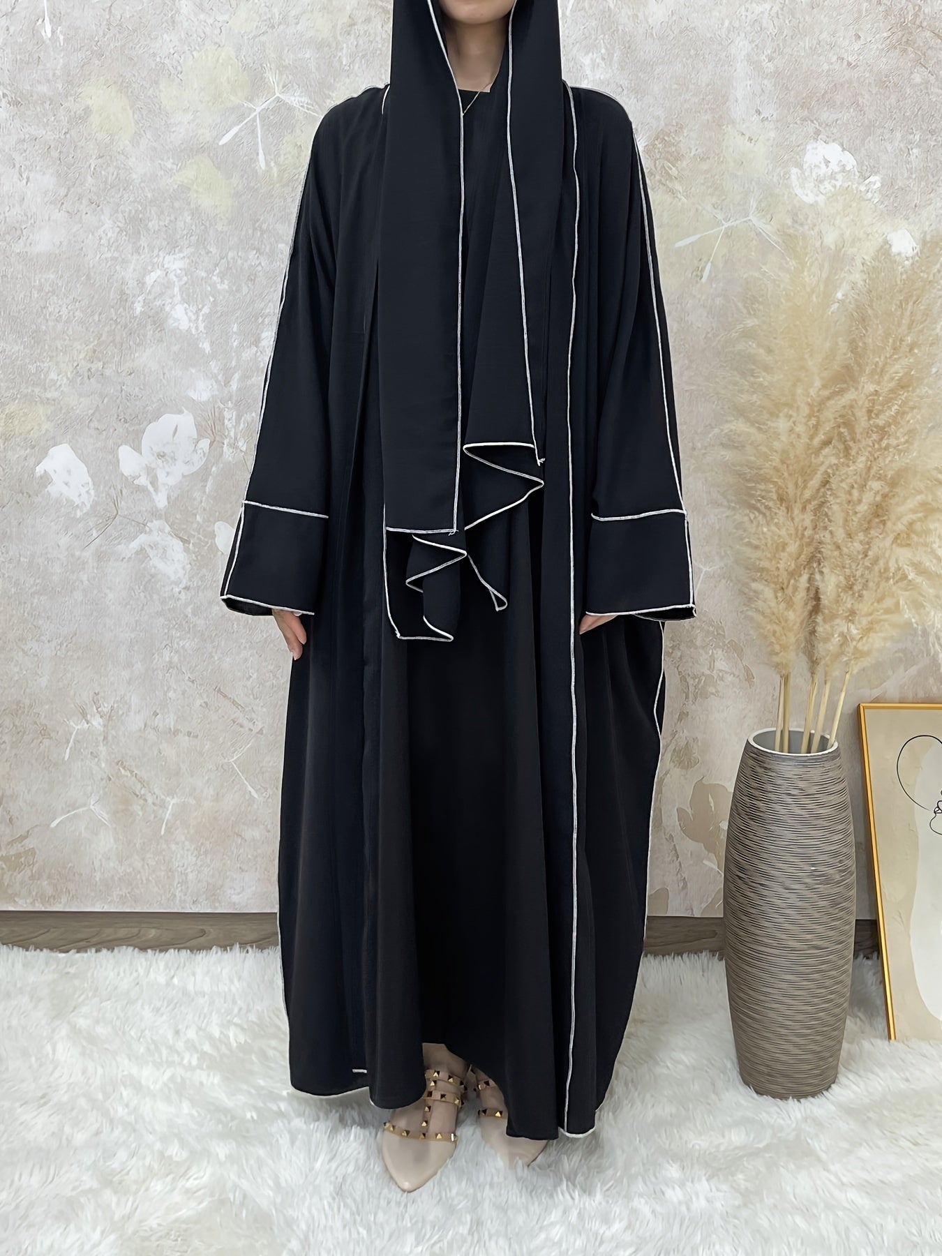 Elegant Contrast Trim Two-piece Set, Open Fron& Khimar Hijab,/MH