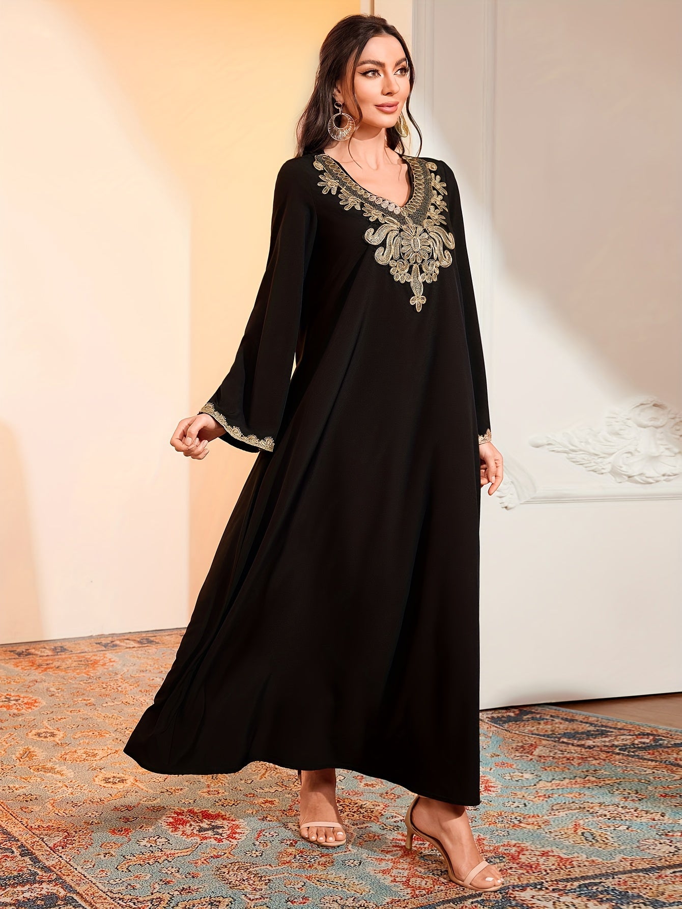 Ramadan Contrast Trim V Neck Kaftan Abayas, /MH