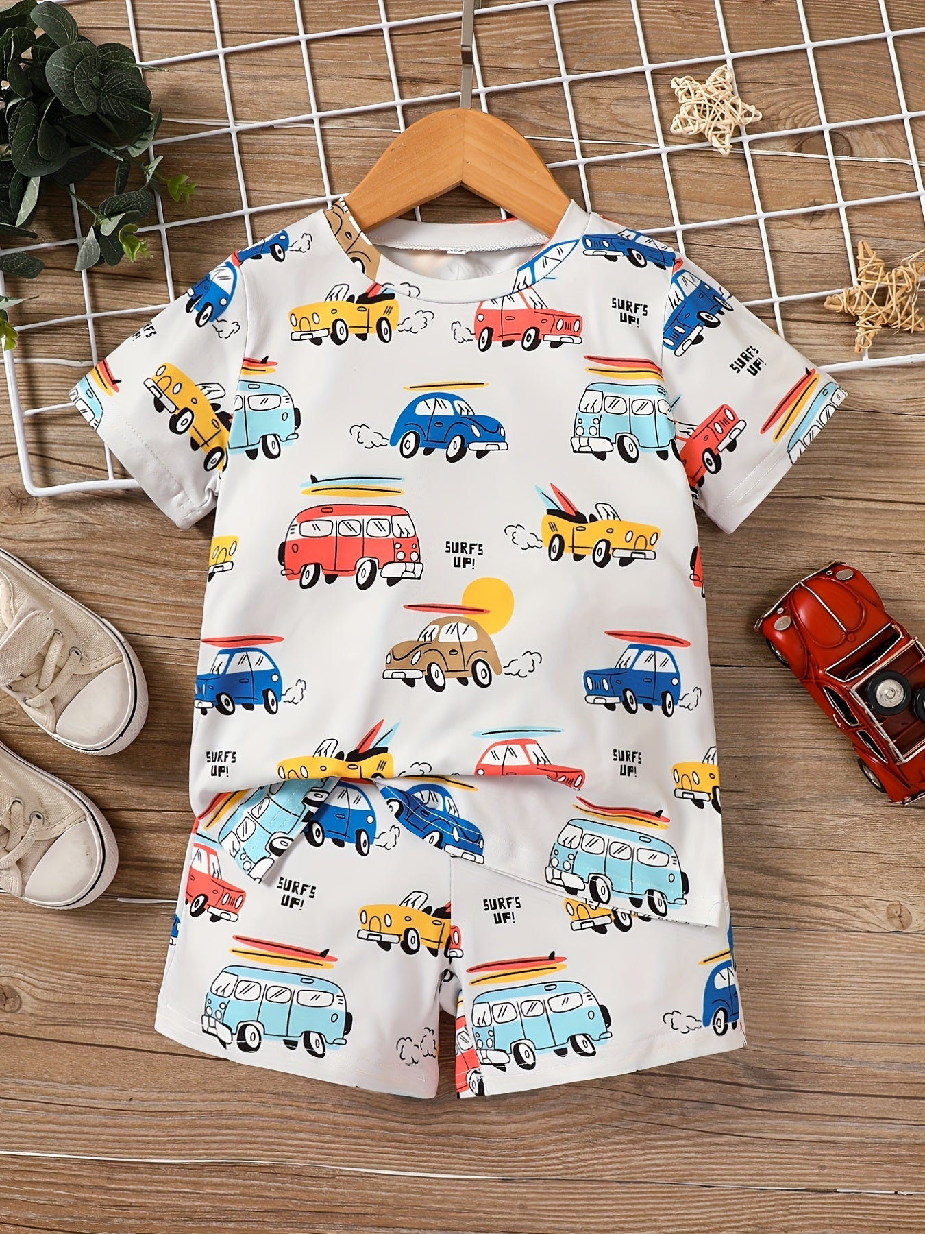 Car Full Body Print T-shirt & Elastic Waistband Shorts Set,