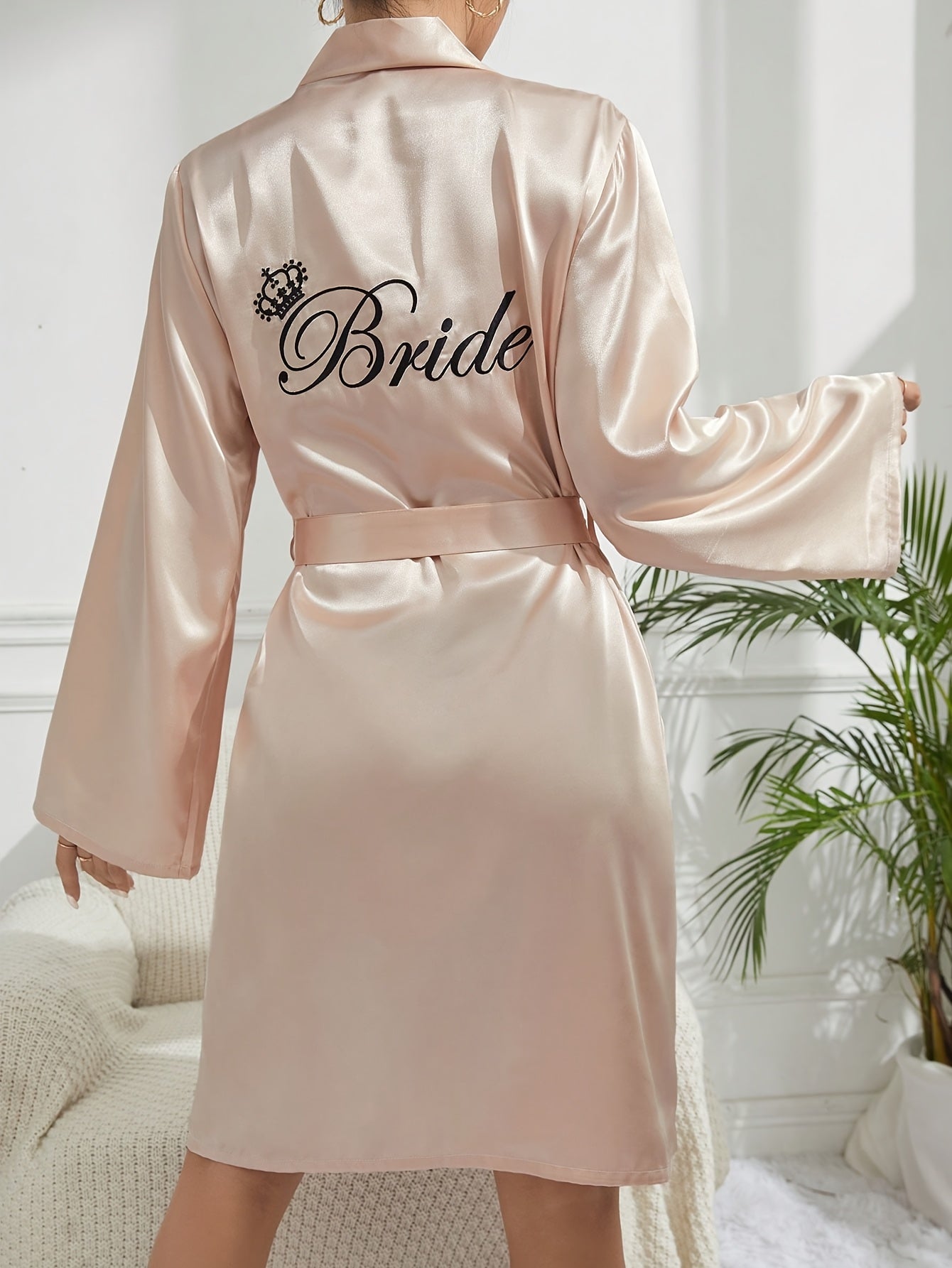 Elegant White Satin Robe for Women with Golden "BRIDE" Embroidery - V-Neck