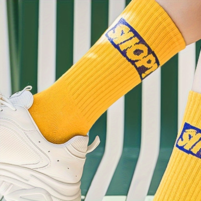 5 Pairs Of Men's Trendy Street Style Letter Print Crew Socks,/MH