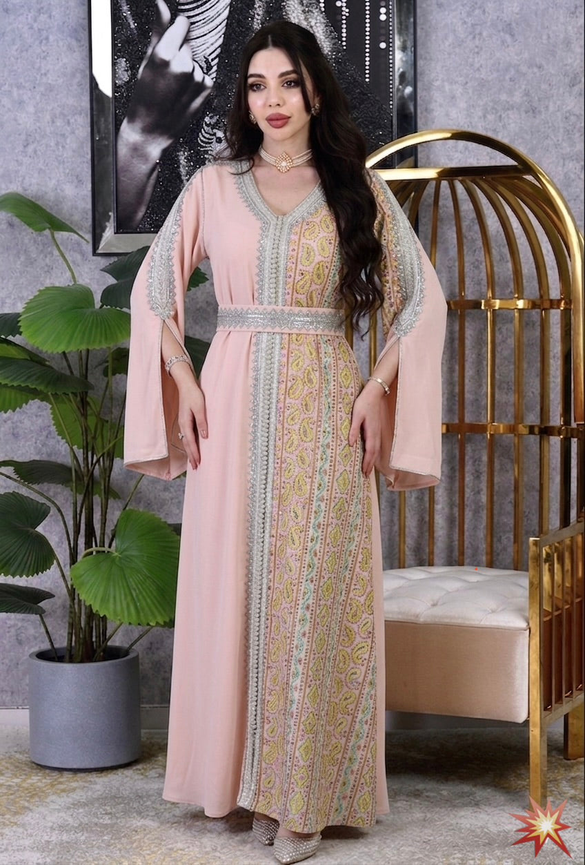 Panel Embroidered Dubai Kaftan with Waist Belt | Eid Occasion Wear Elite Women's Artisan  Luxury Hand-Stitched Occasion Gown |3 colors-| Sizes S-XL | MH