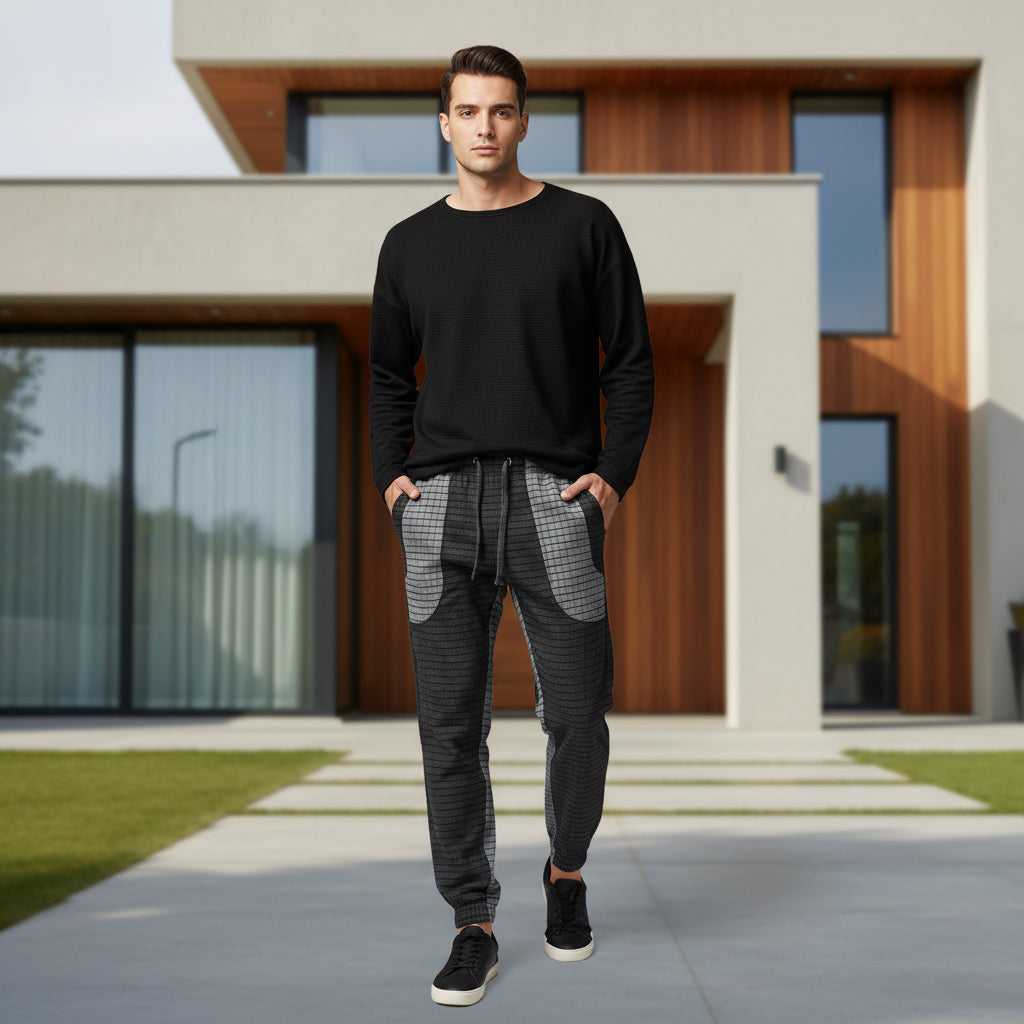 Men’s Textured Grid Panel Joggers – Slim Fit Checkered Sweatpants | 3 Colors | Sizes- S-XL | MH