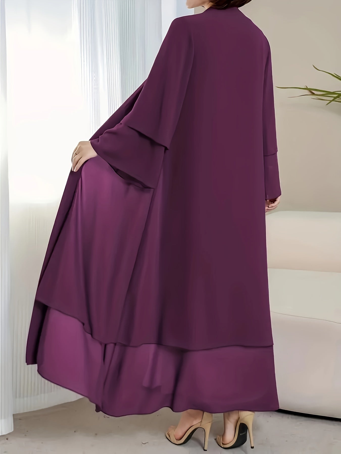 Solid Color Tie Waist Modest Dress, Elegant Layered Hem Maxi '/MH