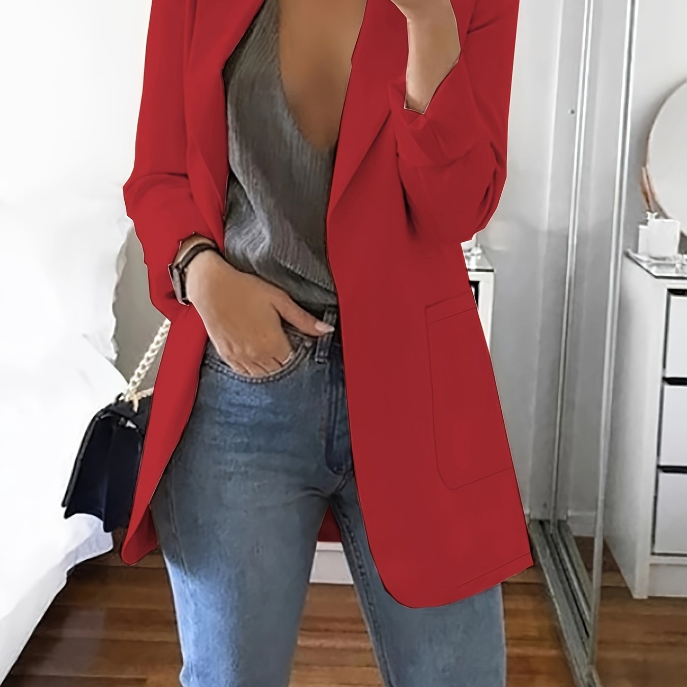 Solid Open Front Blazer, Elegant Lapel Long Sleeve Blazer.