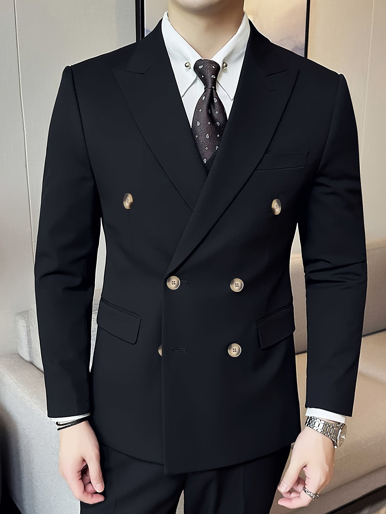Men's Solid Color Double-Breasted Blazer, Fashion Tailored Fit Suit .