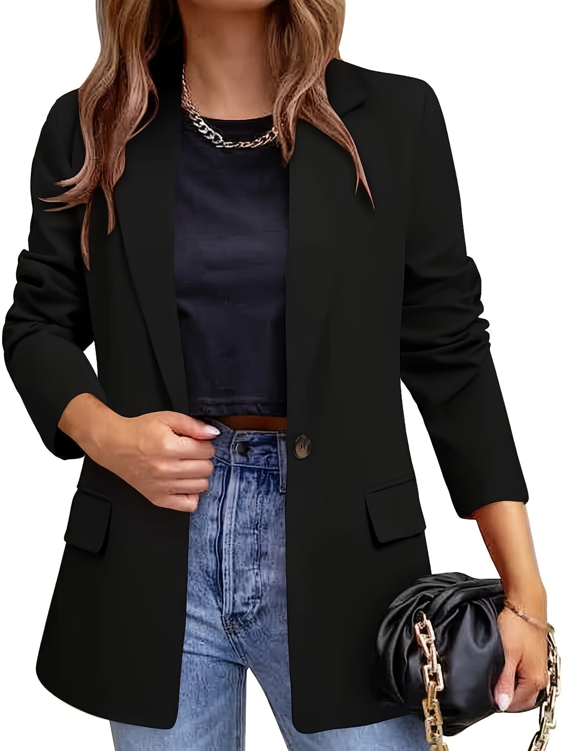 Solid Color Single Breasted Blazer, Elegant Long Sleeve Outwear .