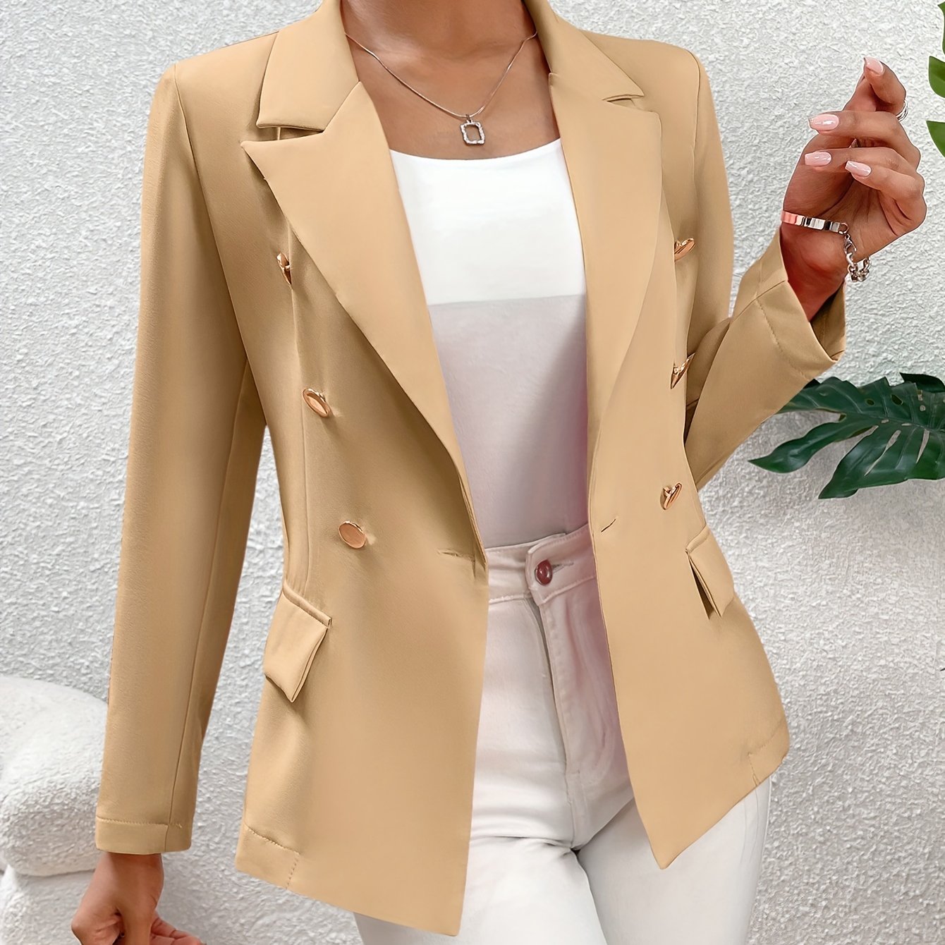 Solid Color Open Front Blazer, Elegant Lapel Neck Double Breasted.