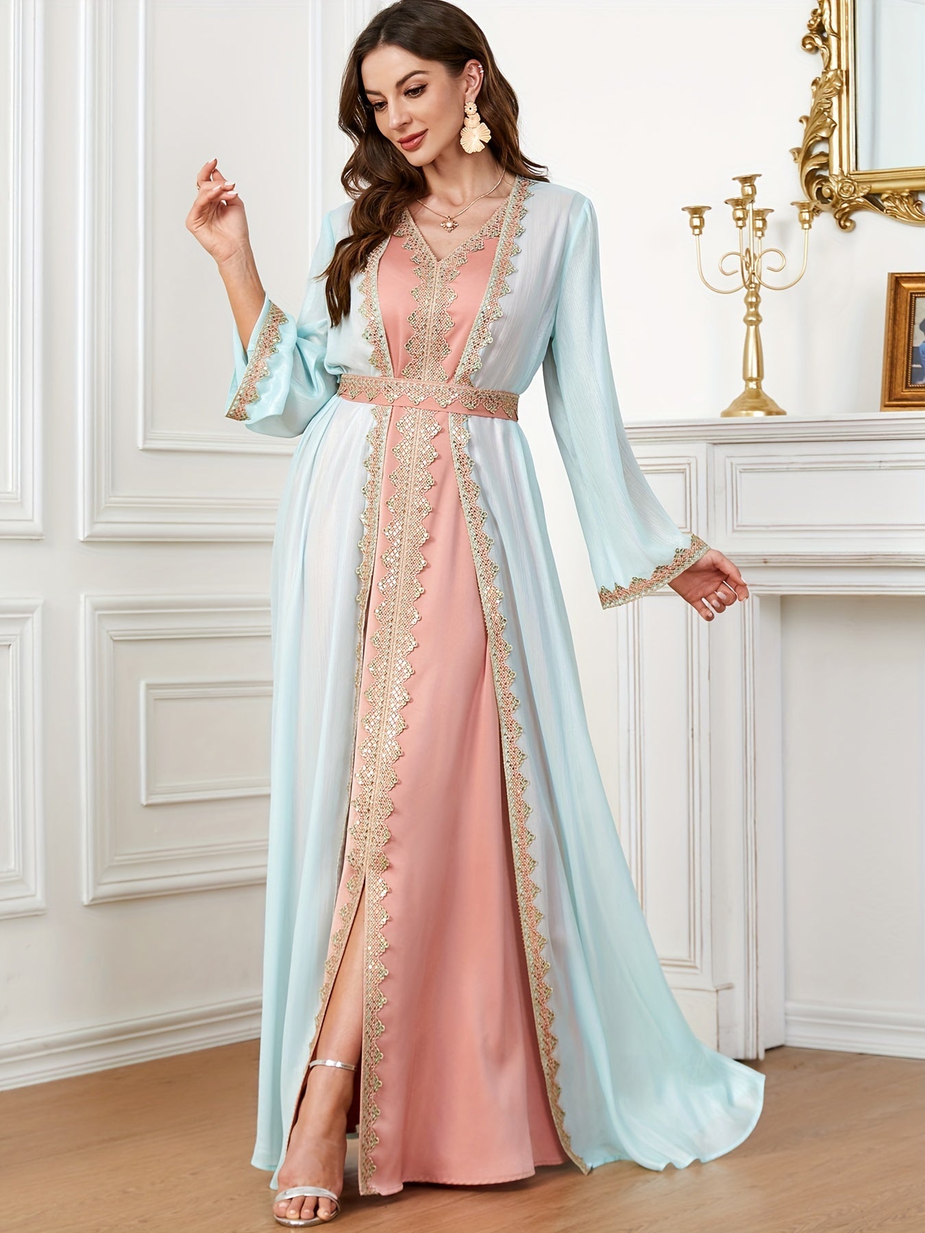 Contrast Lace Long Sleeve Kaftan Dress, Elegant V Neck '/MH