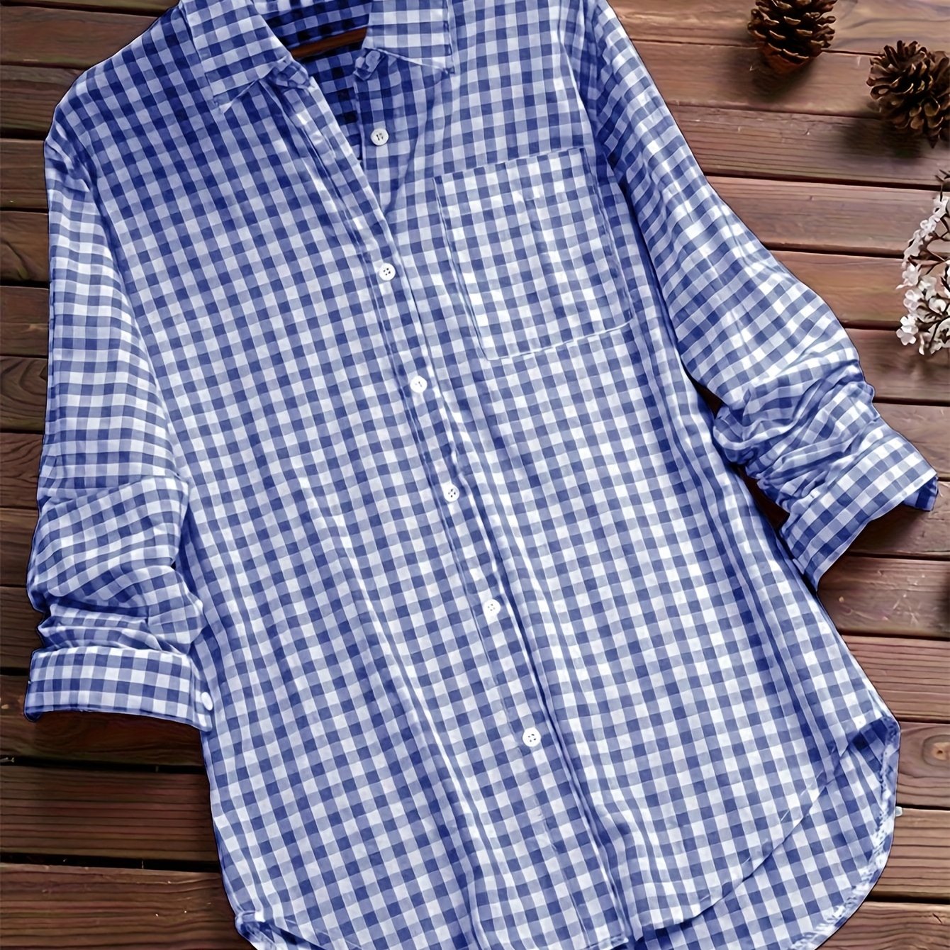 Women'S Casual Long Sleeve Gingham Check Shirt - Light Blue & White,