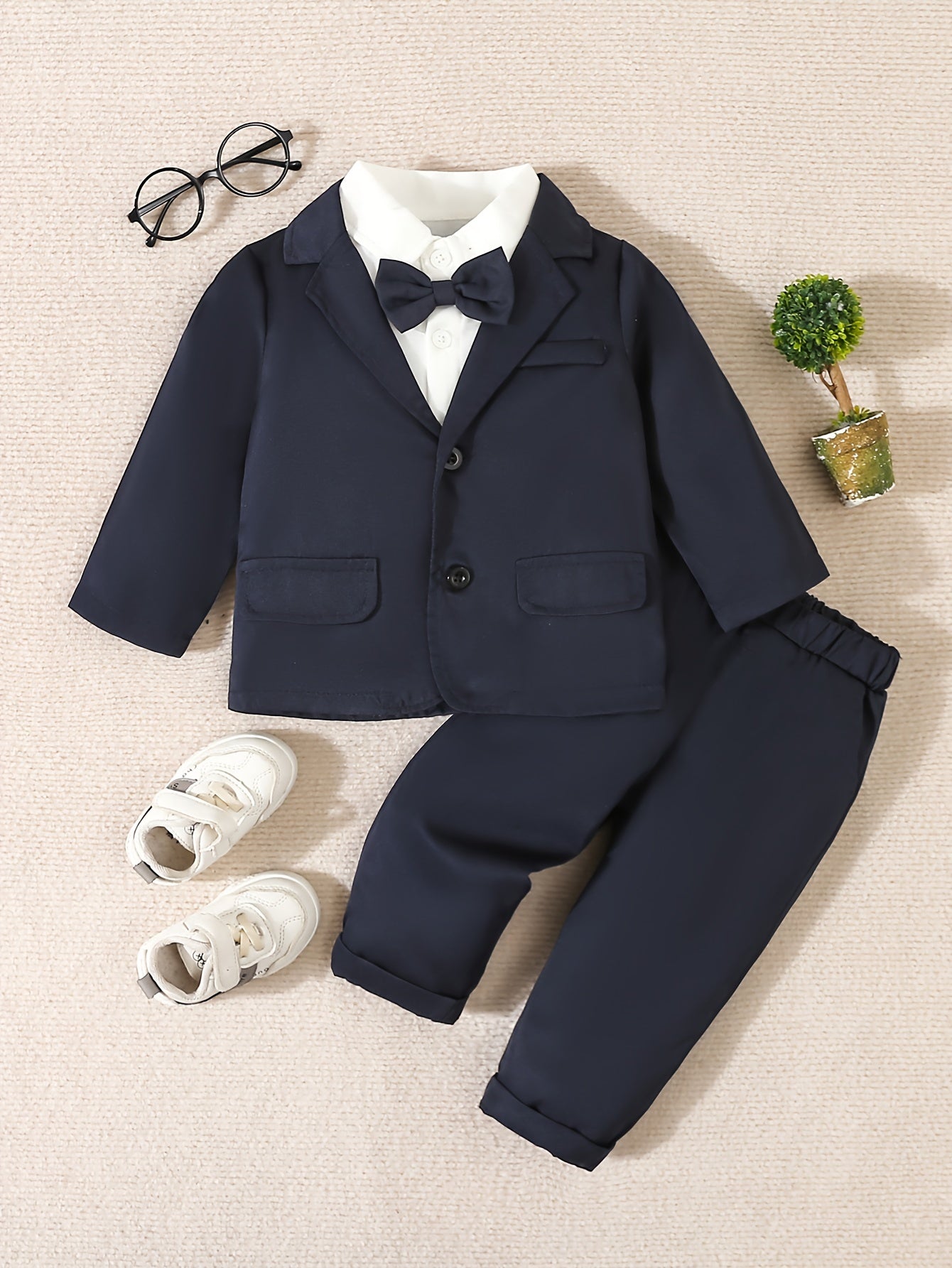 2Pcs Baby Boys Stylish Gentleman Suit, Long Sleeve Blazer.