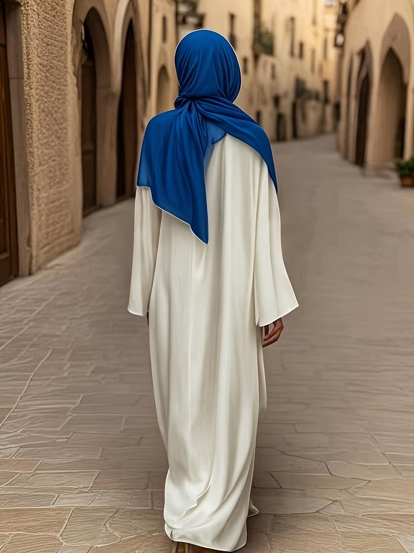 Elegant White Abaya with Blue Bow Accents - ./MH