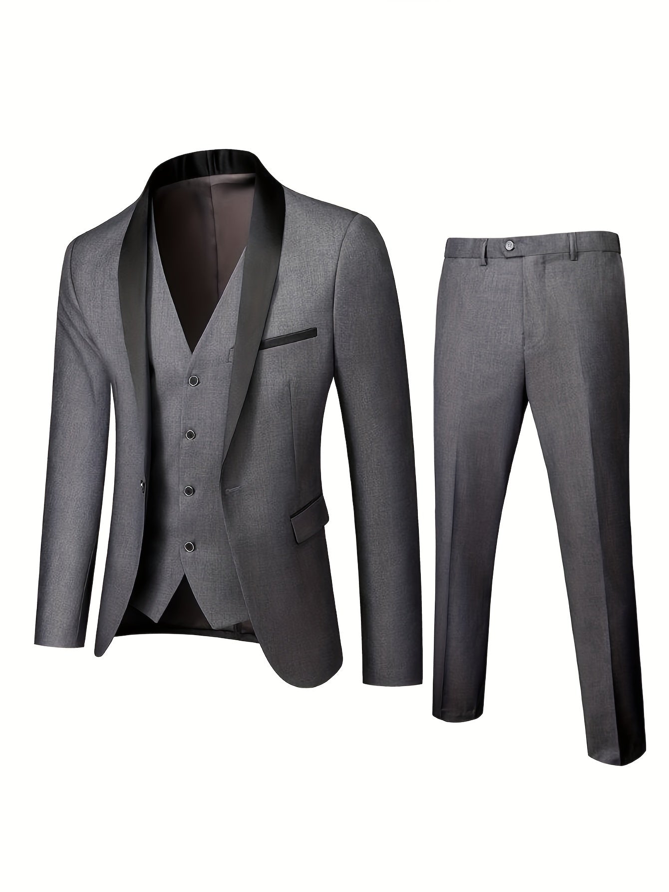 3-Piece Men's Classic Solid Dress Suit Set, One-Button Jacket Blazer.