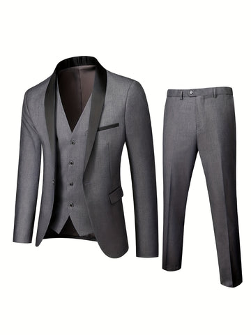 3-Piece Men's Classic Solid Dress Suit Set, One-Button Jacket Blazer.