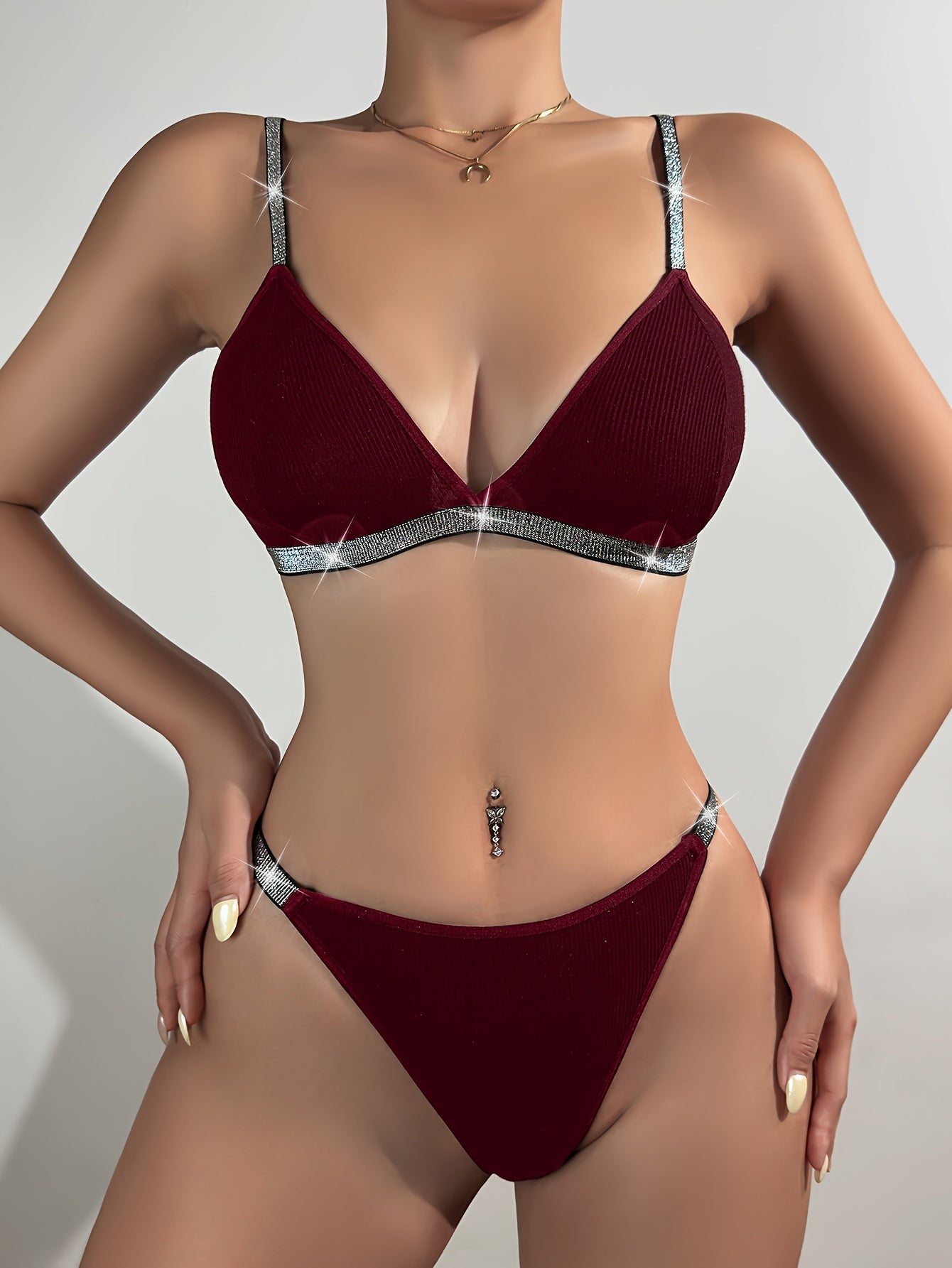 Elegant Lingerie Set, Glitter Trim Ribbed Cami Bra & Thong, Women's Lingerie & Underwear/MH