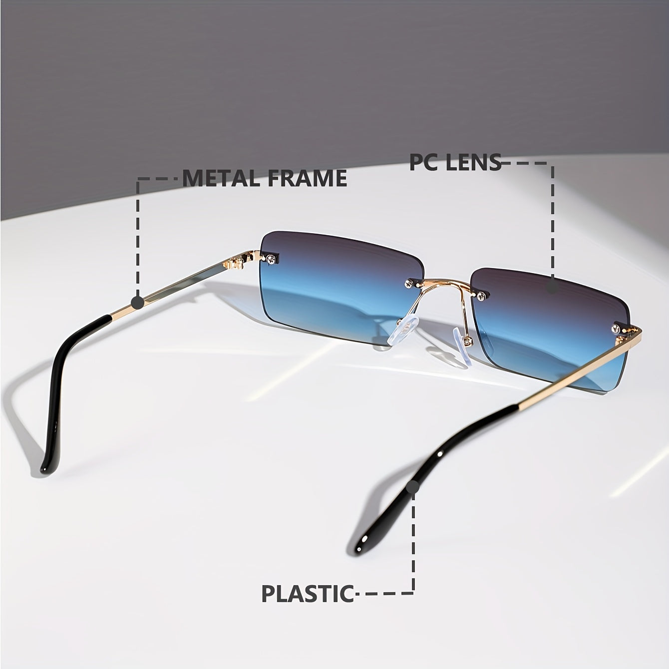 Rimless Rectangle For Women Men Summer Gradient Metal Outdoor Sun Shades