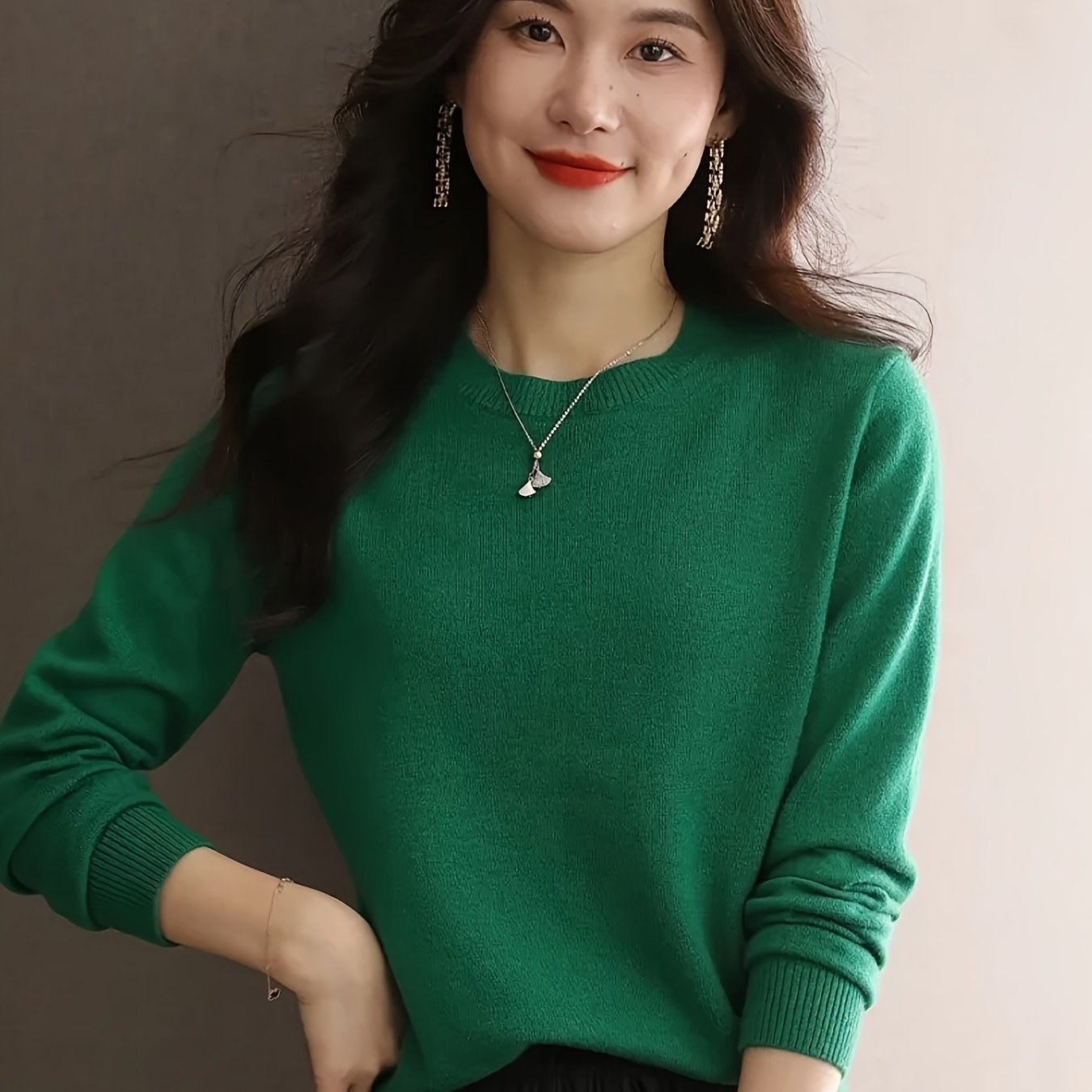 1pc Women'S 100% Wool Crew Neck Long Sleeve Knit Sweater,