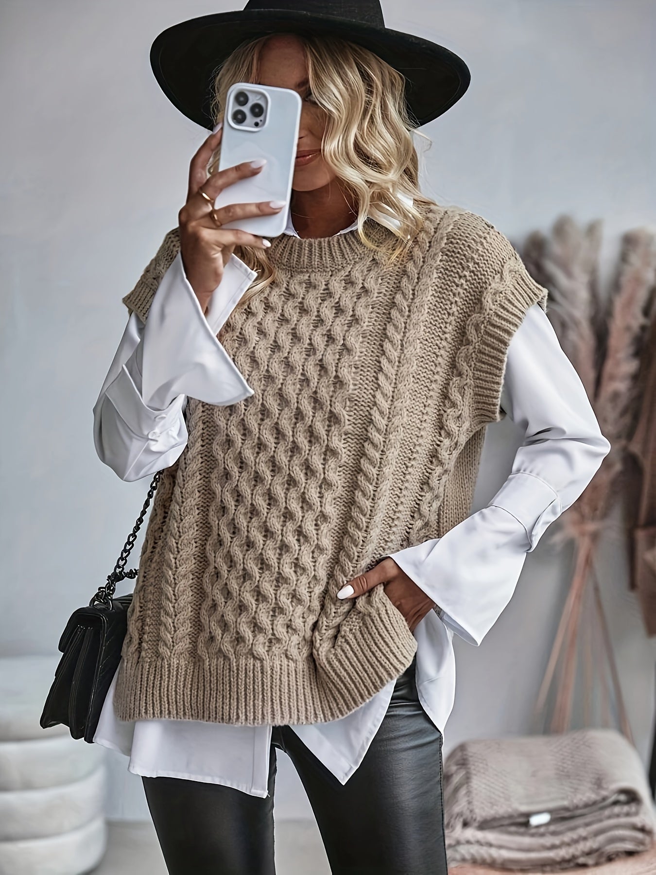 Casual Knitted Vest Top, Round Neck Sweater Hooded Vest,