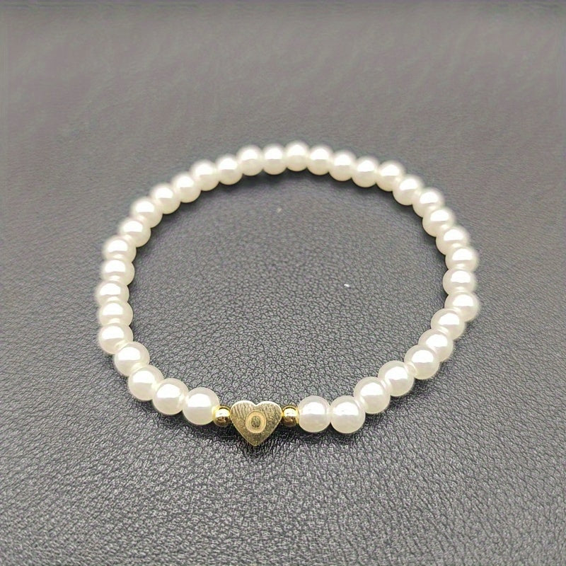 1pc Classic Initial A-Z Lettering Heart Faux Pearl Beaded Bracelet, Elegant Party Jewelry Birthday Gift For Teen Girls