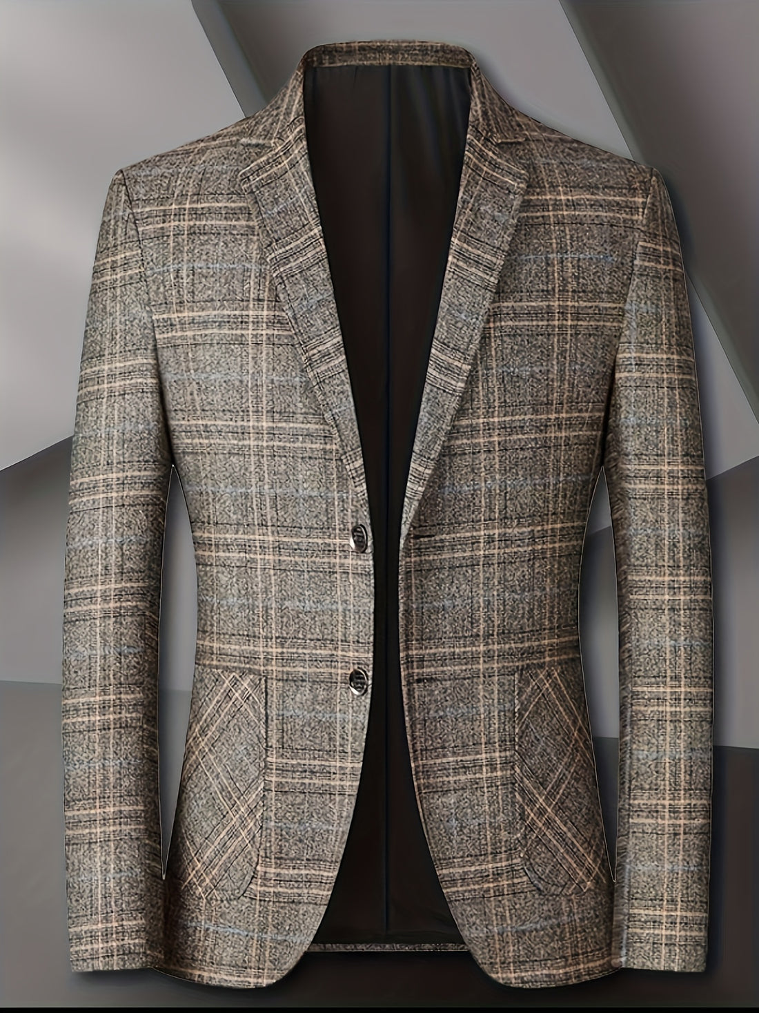 Men'S Checked Pattern Blazer with Pockets - Formal Two-Button Lapel,