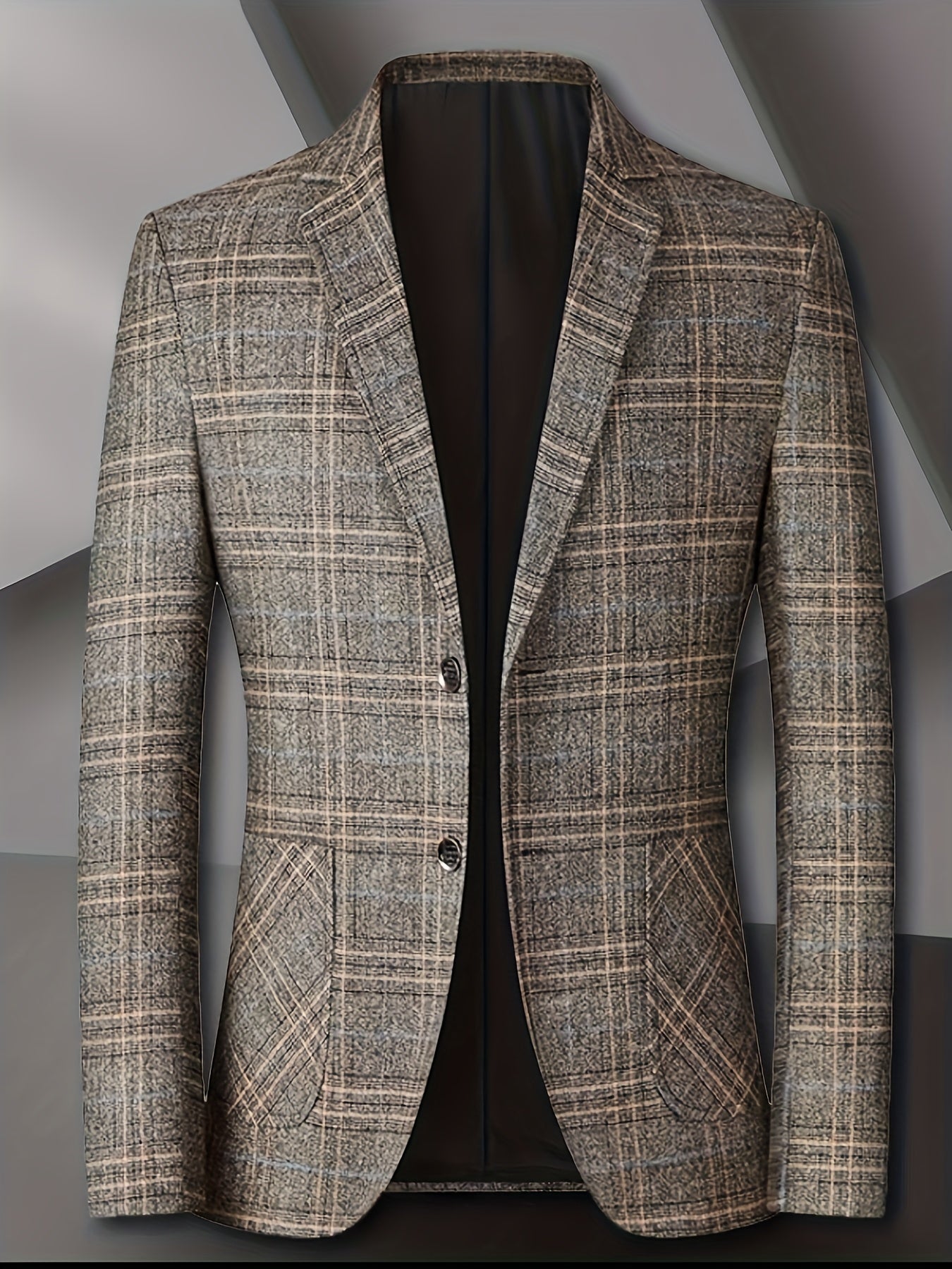Men'S Checked Pattern Blazer with Pockets - Formal Two-Button Lapel,
