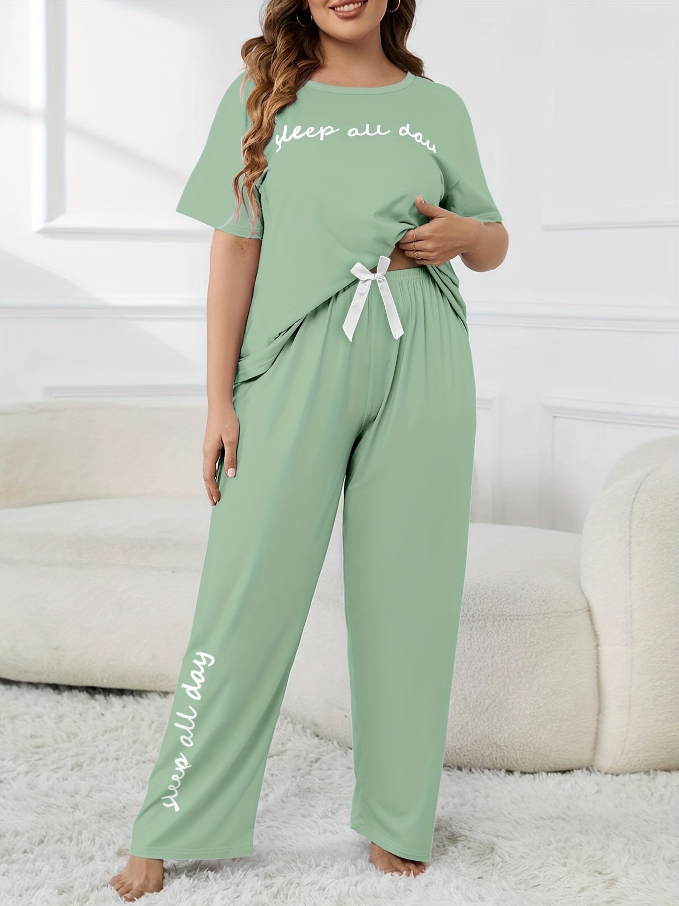 Plus Size Women's Cute Pajama Set, Plus Size Letter Print Short Sleeve Top and Pants Casual 2pcs, Plus Size Pajama Sets