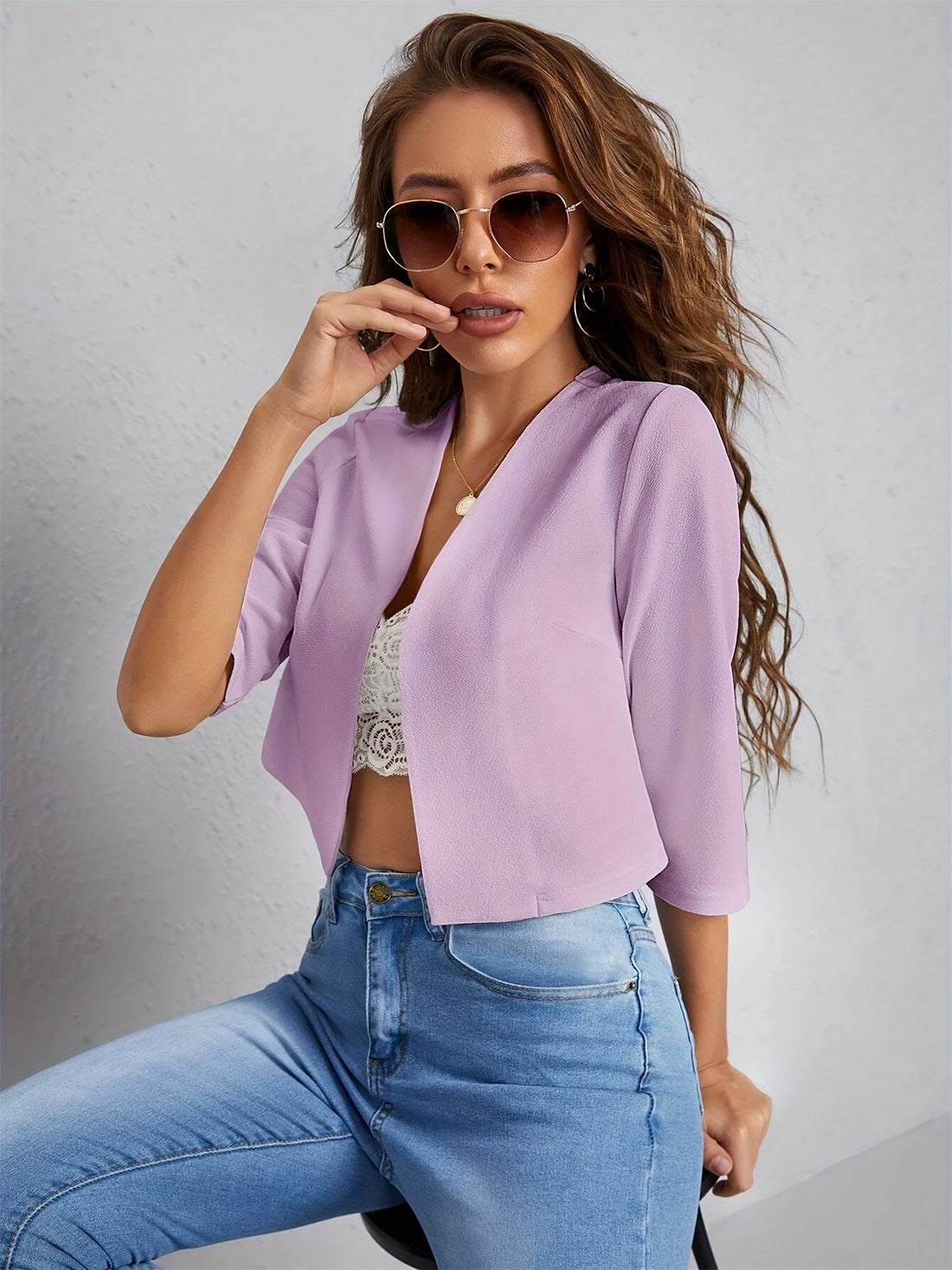 Simple Cropped Blazer, Casual Open Front Work Office .