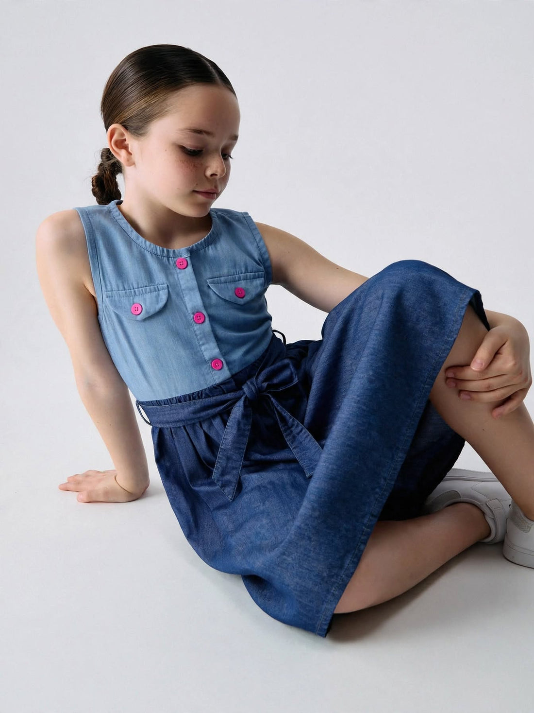 Chic Two-Tone Denim Bow Waist Dress for Girls.Sizes(2-12Years) | MH
