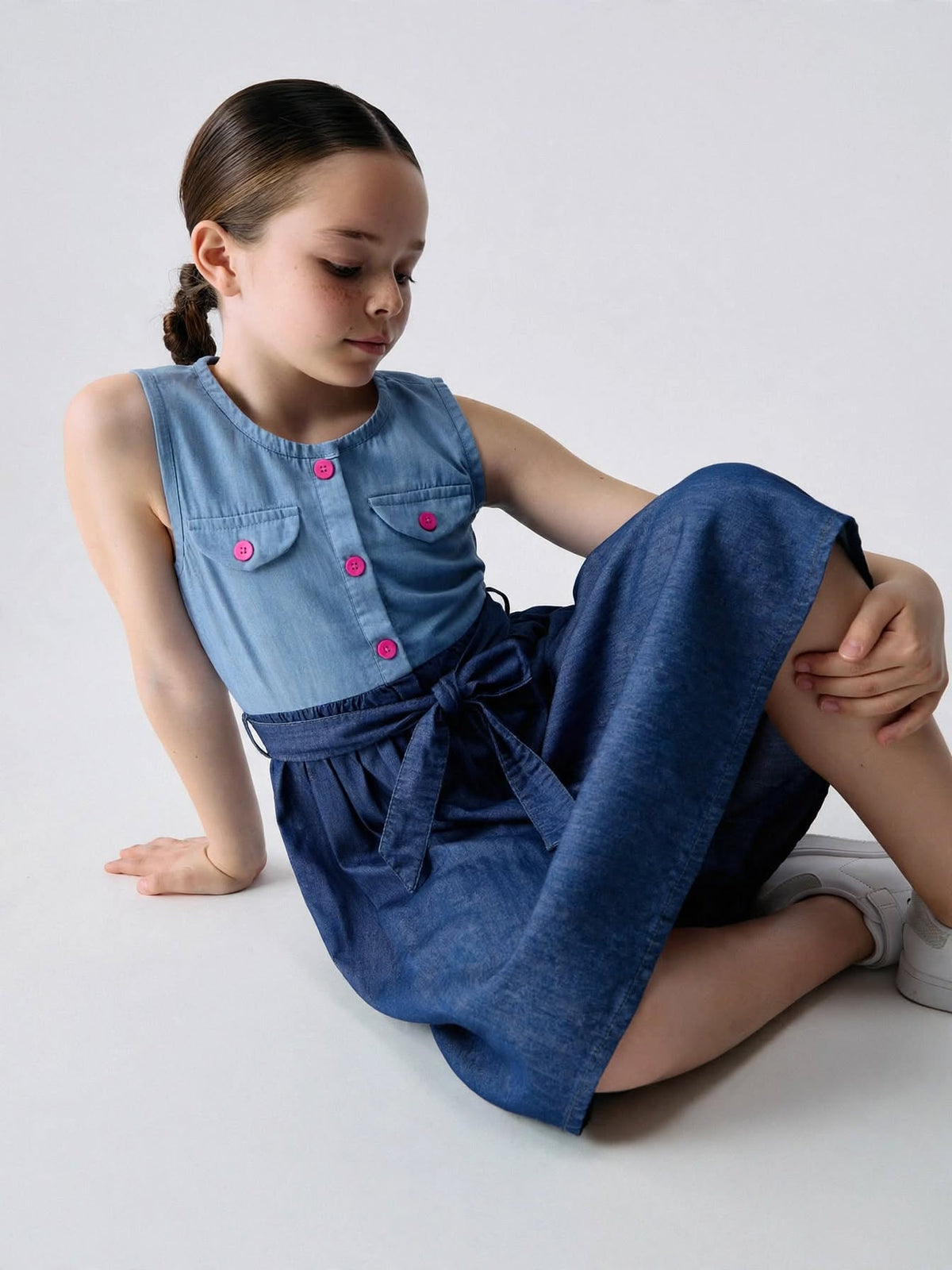 Chic Two-Tone Denim Bow Waist Dress for Girls.Sizes(2-12Years) | MH