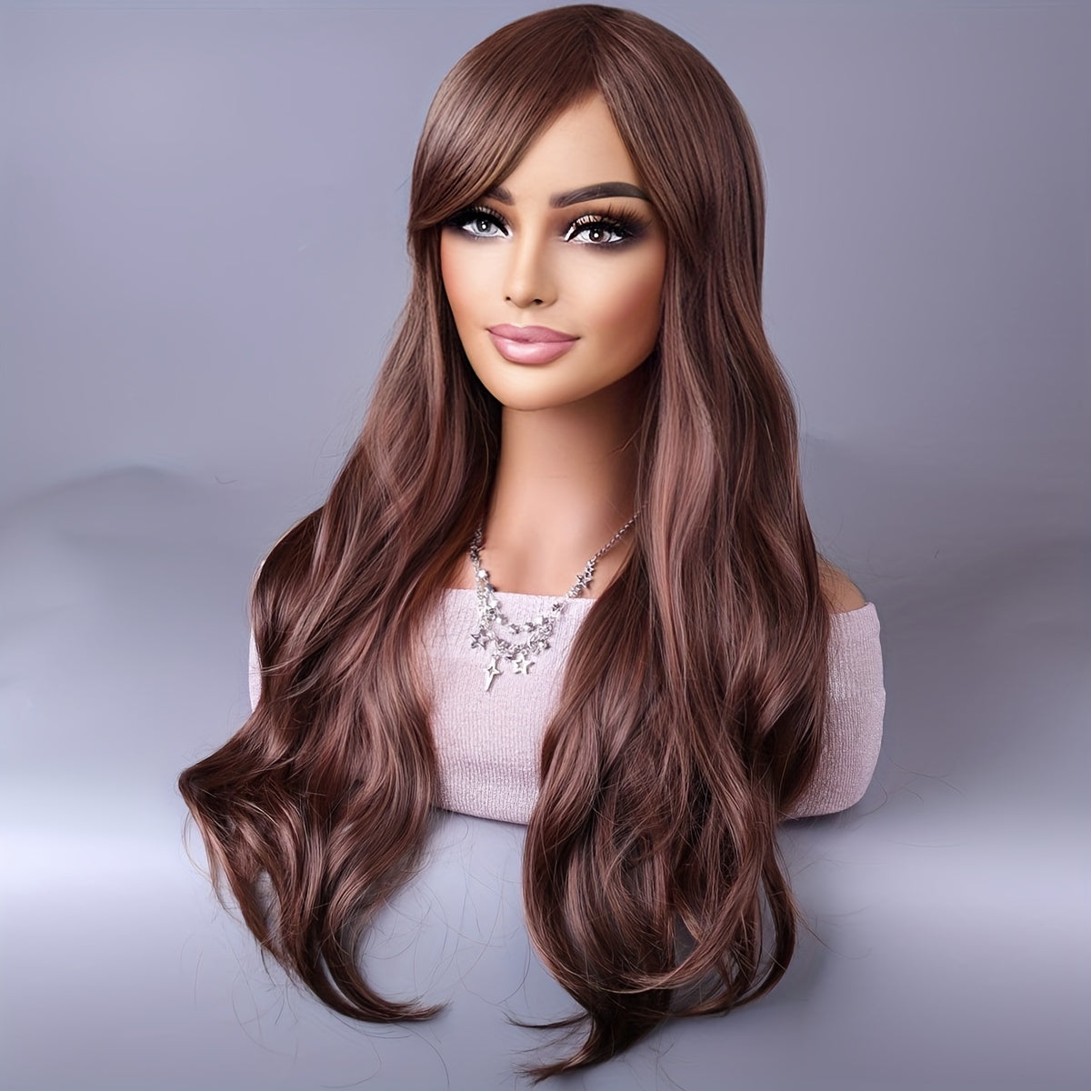 Long Reddish Brown Curly Wig With Bangs For Women Curly Wavy Wigs Synthetic Heat Resistant Fiber For Daily Party Cosplay Use