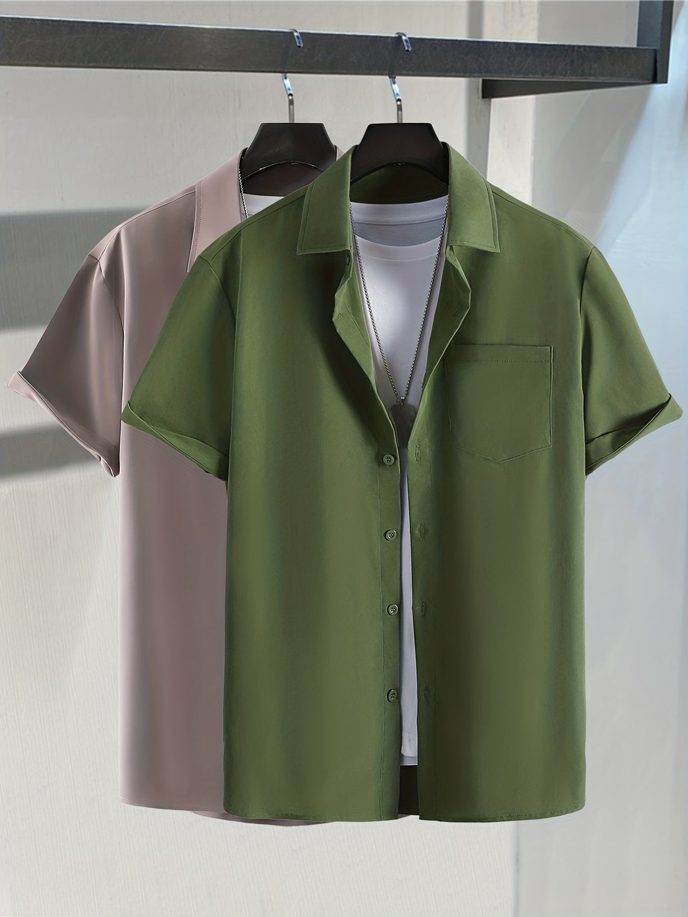 2pcs Plus Size Lapel Mens Solid Color Button Down Shirts, Top Blouse Shirts, Short Sleeve, Button Down Dress Shirts