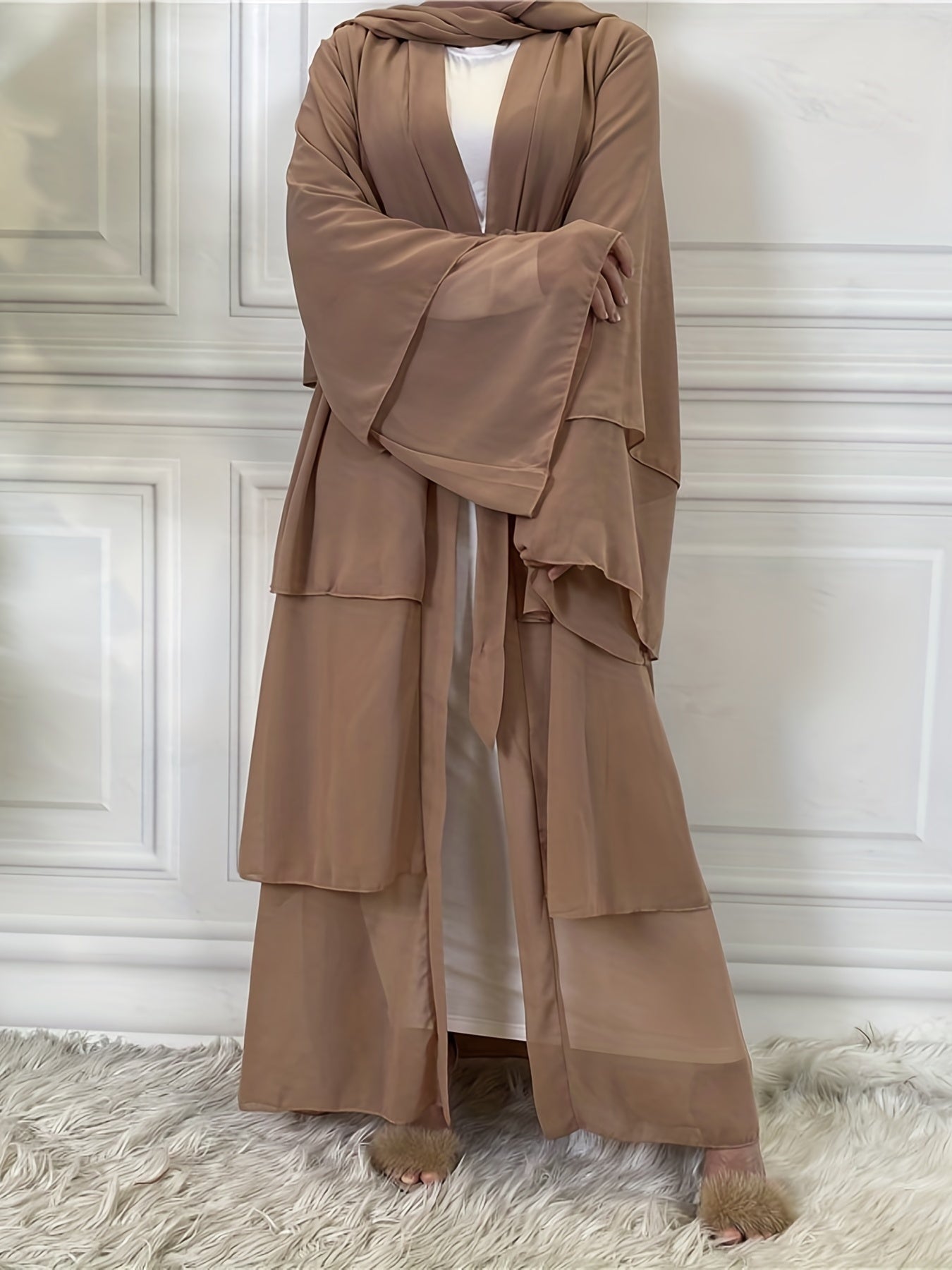 Layered Open Front Modest Dress, Long Sleeve Muslim Dress'/MH