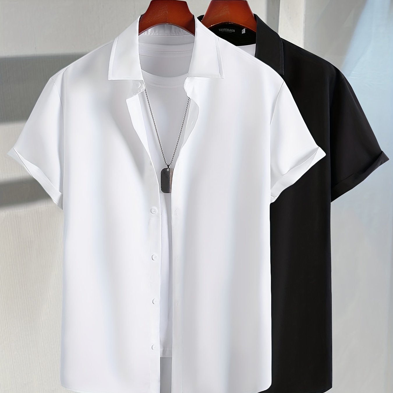 2pcs Plus Size Lapel Mens Solid Color Button Down Shirts, Top Blouse Shirts, Short Sleeve, Button Down Dress Shirts