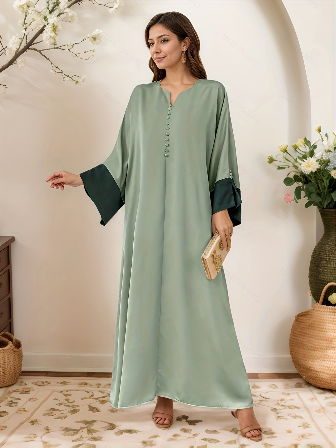 Abaya - Elegant Islamic Dress with V-Neck Button Front, /MH