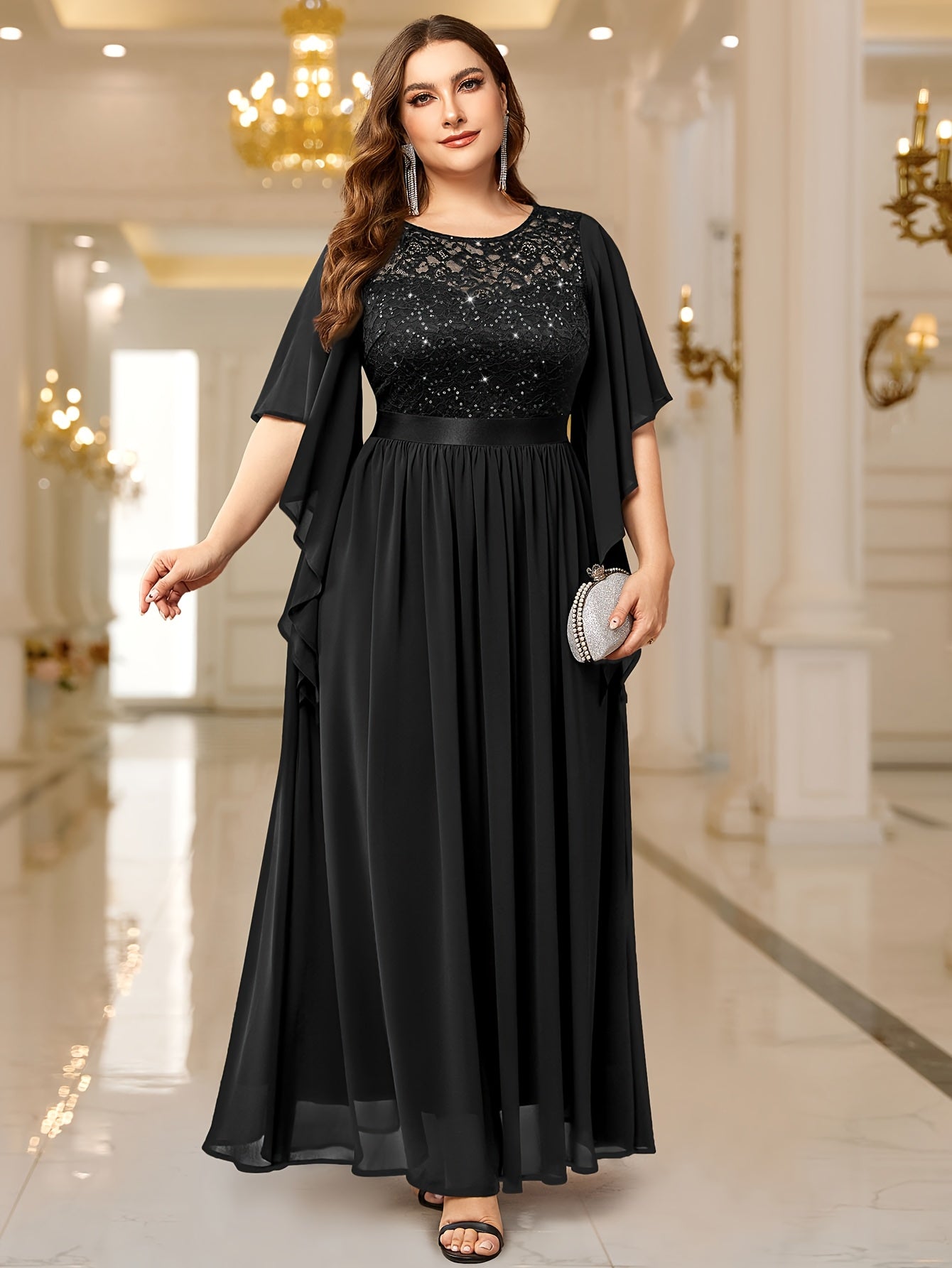Elegant Plus Size Women's Butterfly Sleeve Sequin Lace Evening Dress .MH